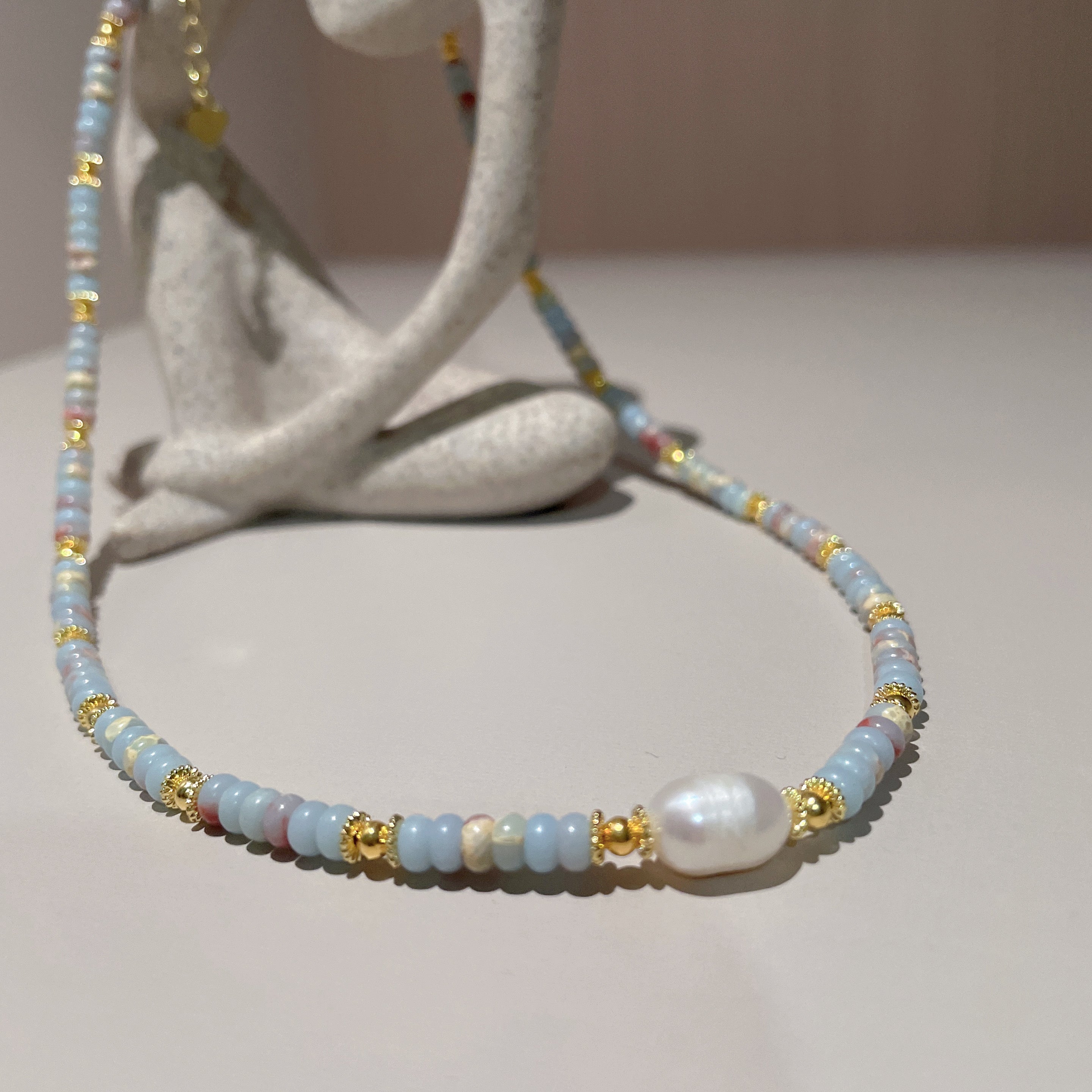 Handmade Grey & Blush Heishi Disc Choker Necklace | Baroque Freshwater Pearl Center Gold Spacer Minimal