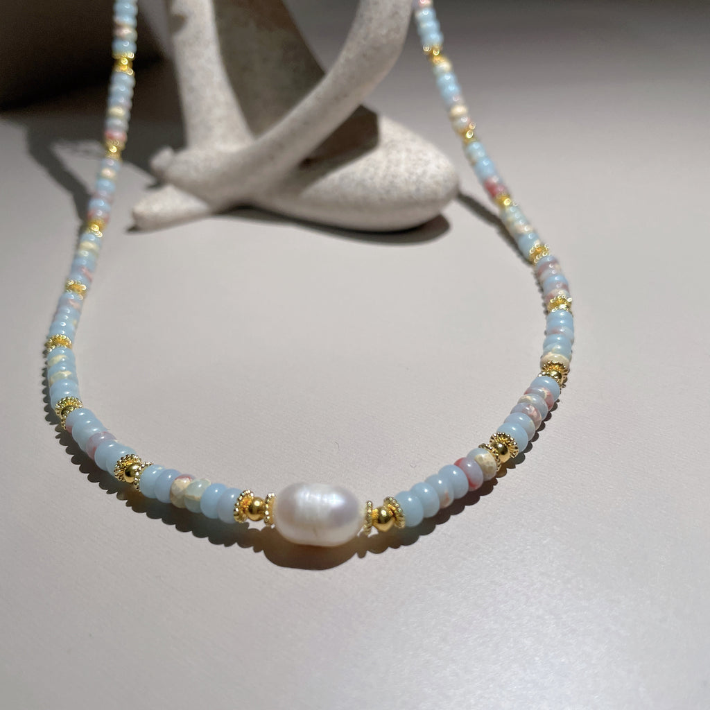 Handmade Grey & Blush Heishi Disc Choker Necklace | Baroque Freshwater Pearl Center Gold Spacer Minimal