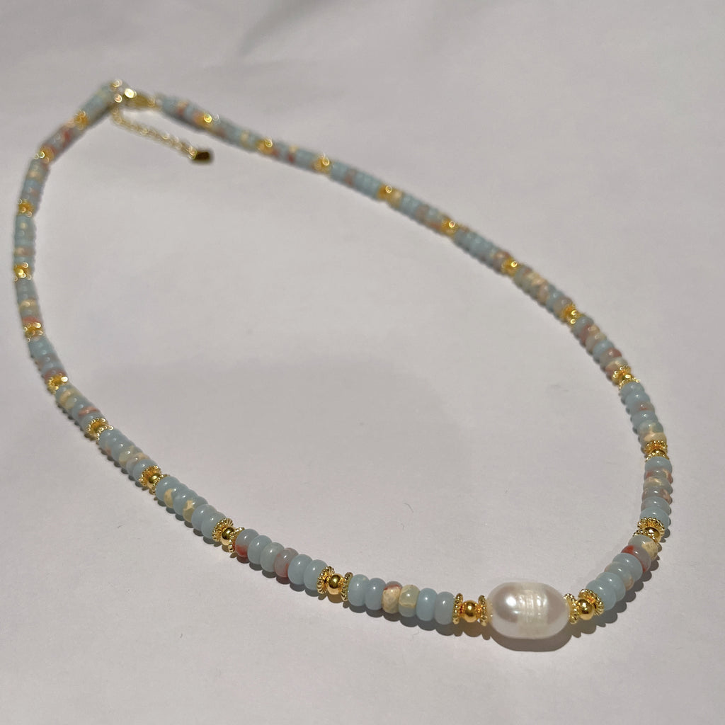 Handmade Grey & Blush Heishi Disc Choker Necklace | Baroque Freshwater Pearl Center Gold Spacer Minimal