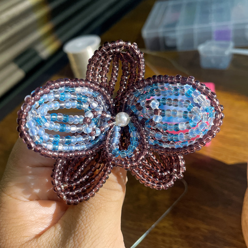 Handmade 3D Four-Petal Beaded Flower Lariat Necklace | Teal Brown Seed Bead Wearable Art