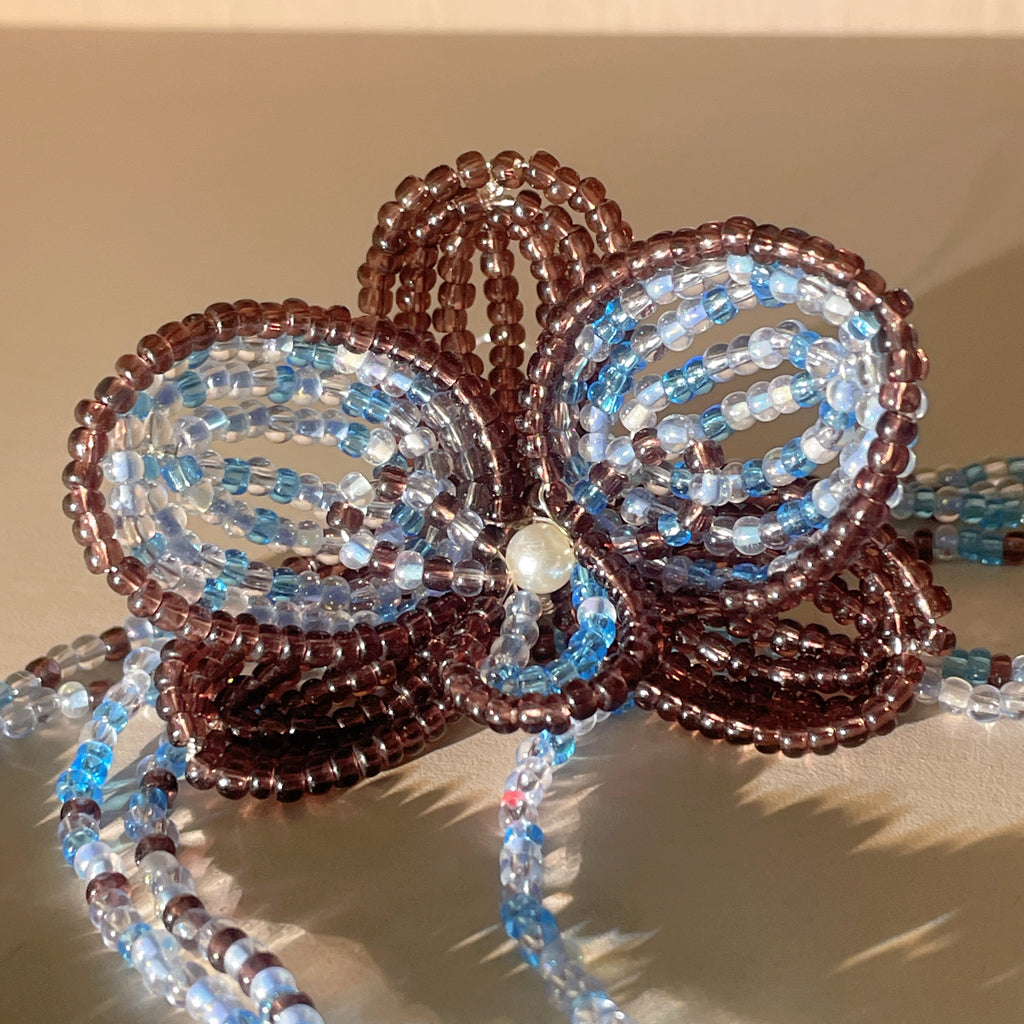 Handmade 3D Four-Petal Beaded Flower Lariat Necklace | Teal Brown Seed Bead Wearable Art