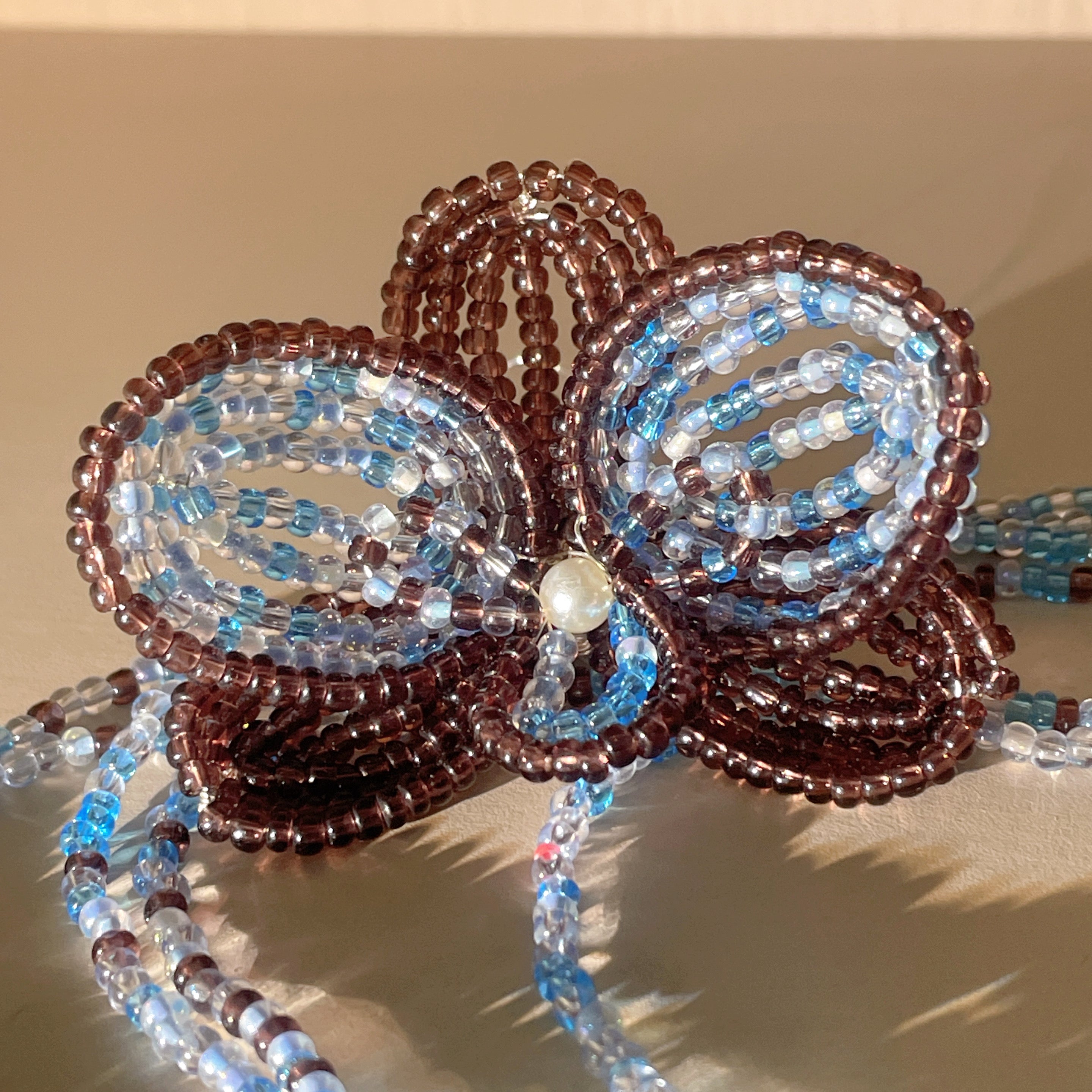 Handmade 3D Four-Petal Beaded Flower Lariat Necklace | Teal Brown Seed Bead Wearable Art