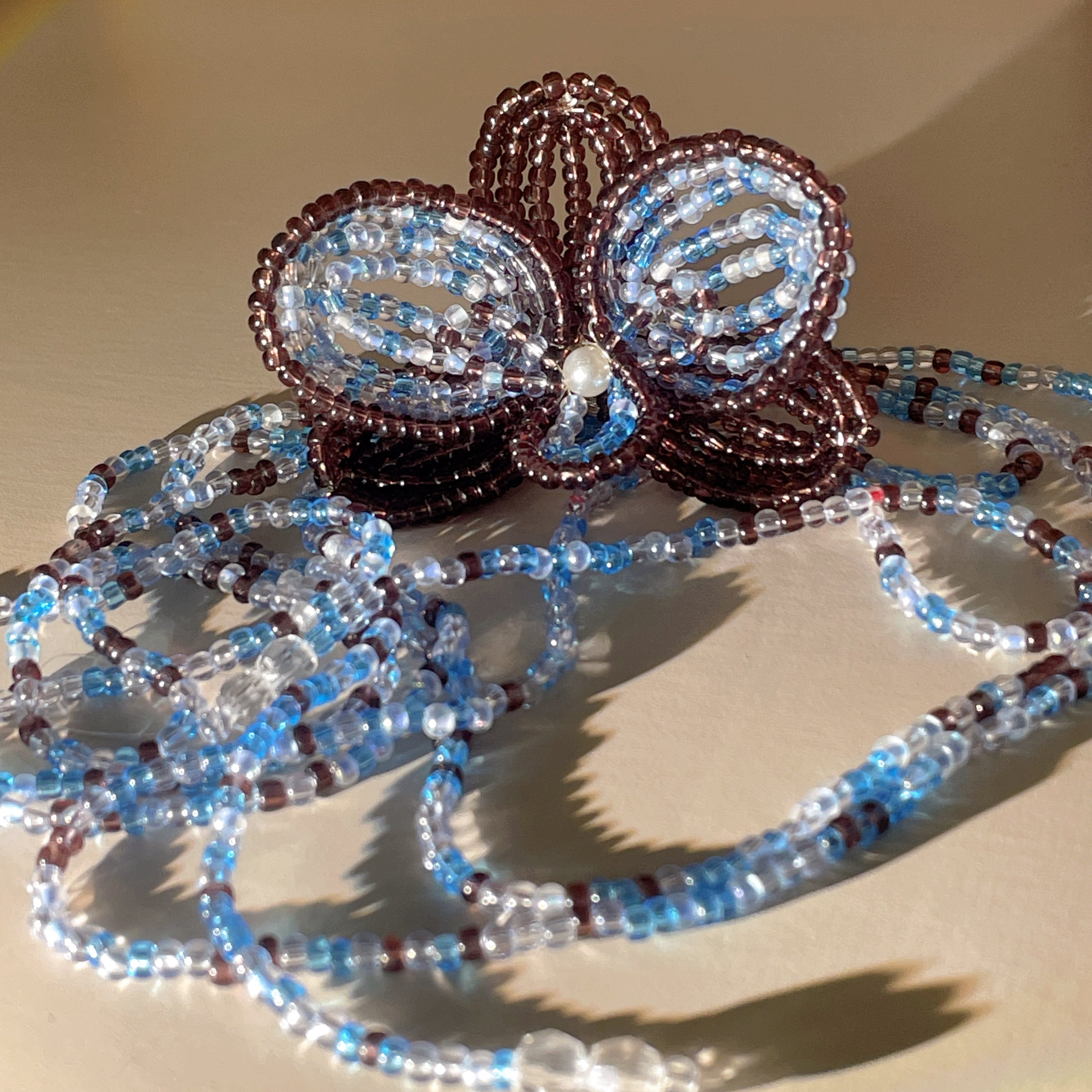Handmade 3D Four-Petal Beaded Flower Lariat Necklace | Teal Brown Seed Bead Wearable Art