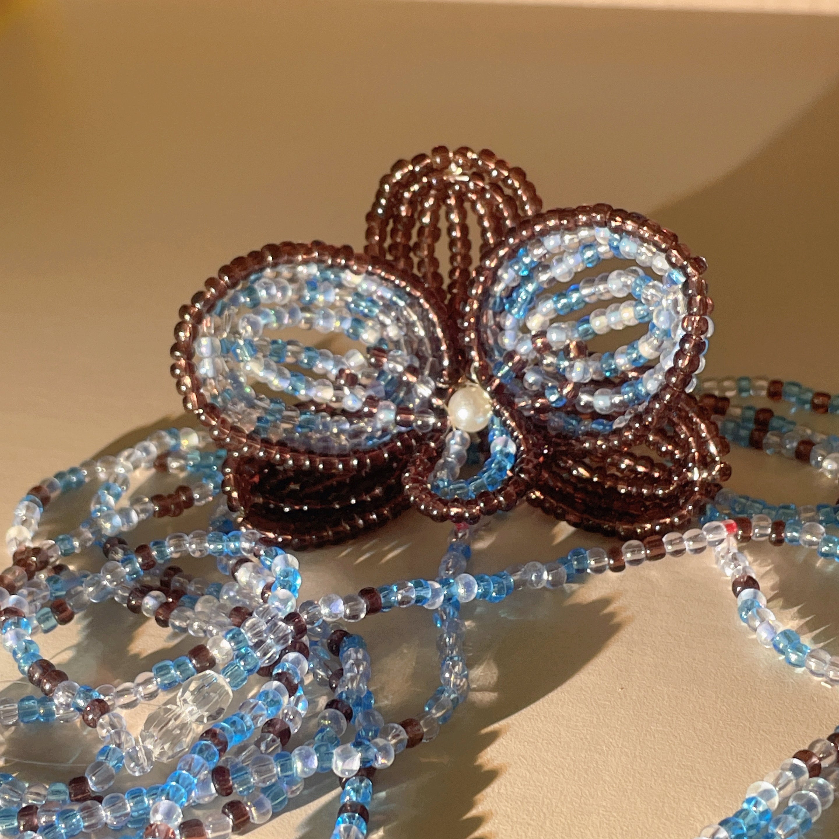 Handmade 3D Four-Petal Beaded Flower Lariat Necklace | Teal Brown Seed Bead Wearable Art