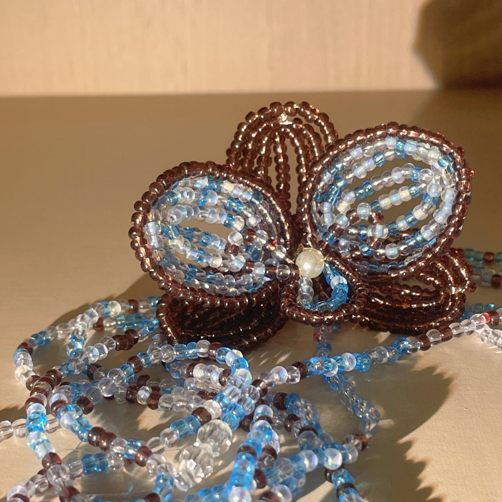 Handmade 3D Four-Petal Beaded Flower Lariat Necklace | Teal Brown Seed Bead Wearable Art