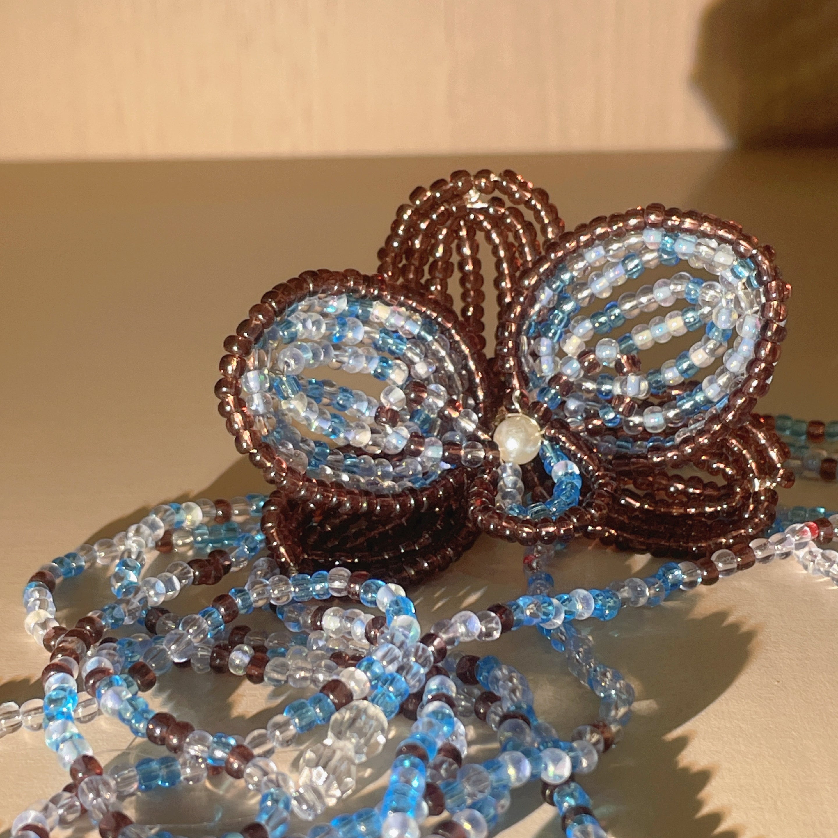 Handmade 3D Four-Petal Beaded Flower Lariat Necklace | Teal Brown Seed Bead Wearable Art