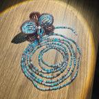 Handmade 3D Four-Petal Beaded Flower Lariat Necklace | Teal Brown Seed Bead Wearable Art