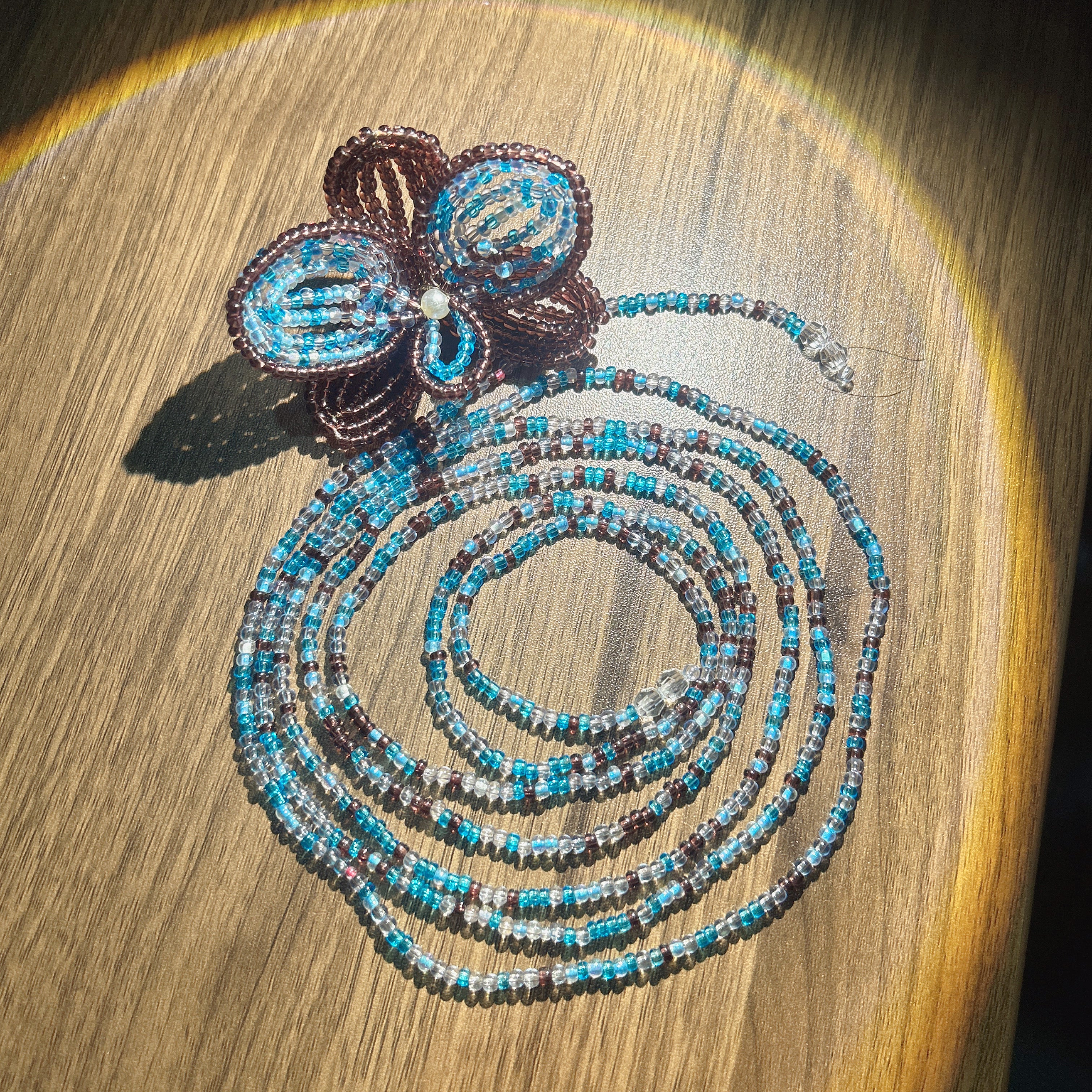 Handmade 3D Four-Petal Beaded Flower Lariat Necklace | Teal Brown Seed Bead Wearable Art