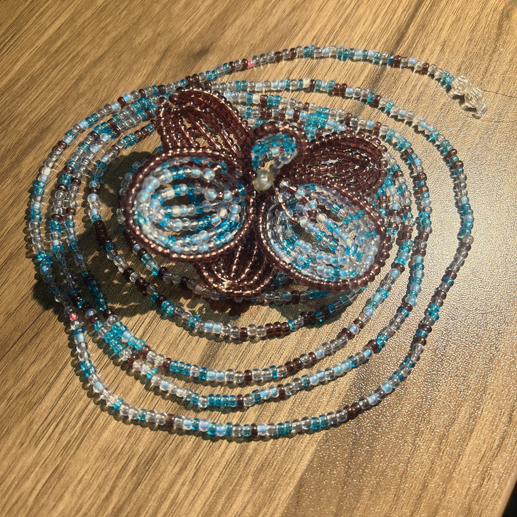 Handmade 3D Four-Petal Beaded Flower Lariat Necklace | Teal Brown Seed Bead Wearable Art