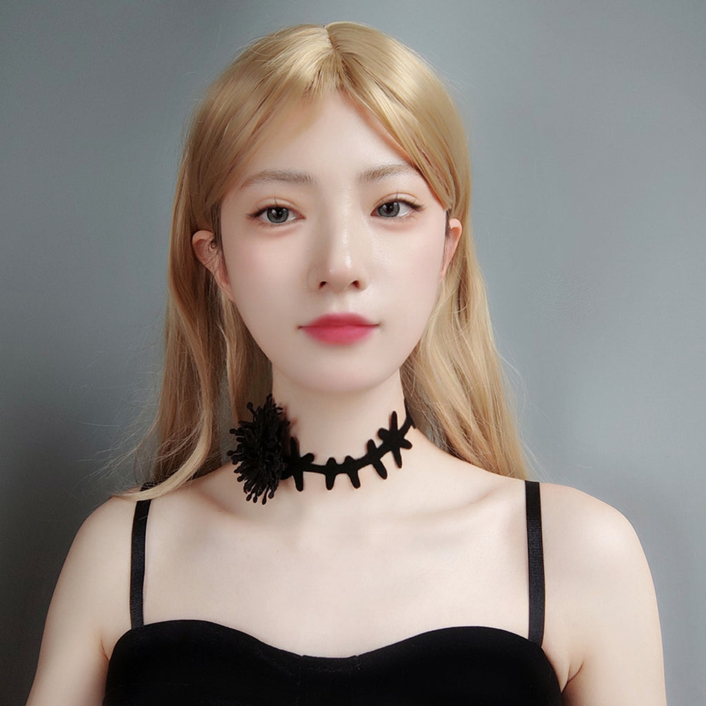 Gothic Black Velvet Thorn Vine Choker Necklace | Fluffy Mum Flower Ribbon Tie Dark Witch Halloween Jewelry