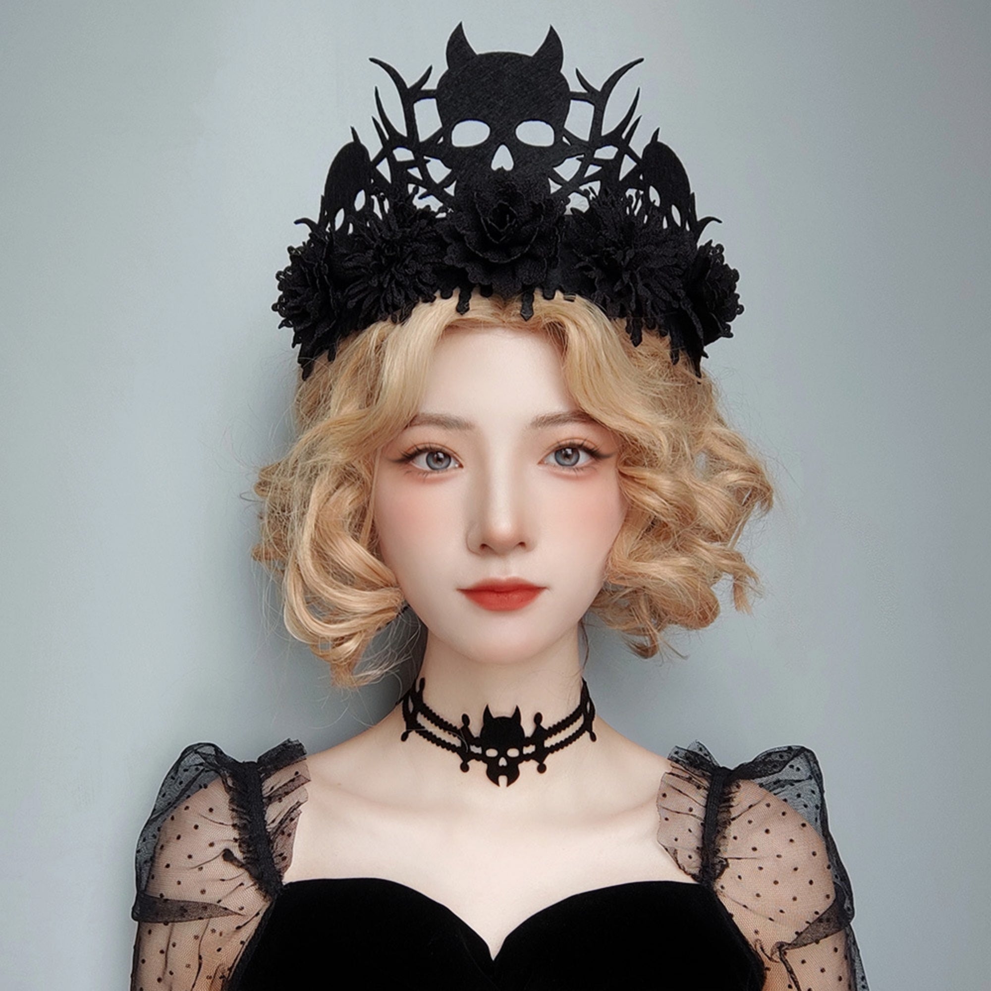 Halloween Gothic Skull Bat Lace Choker & Black Rose Skull Thorn Crown Headpiece Set | Dark Queen Vampire Bride Costume Jewelry Set