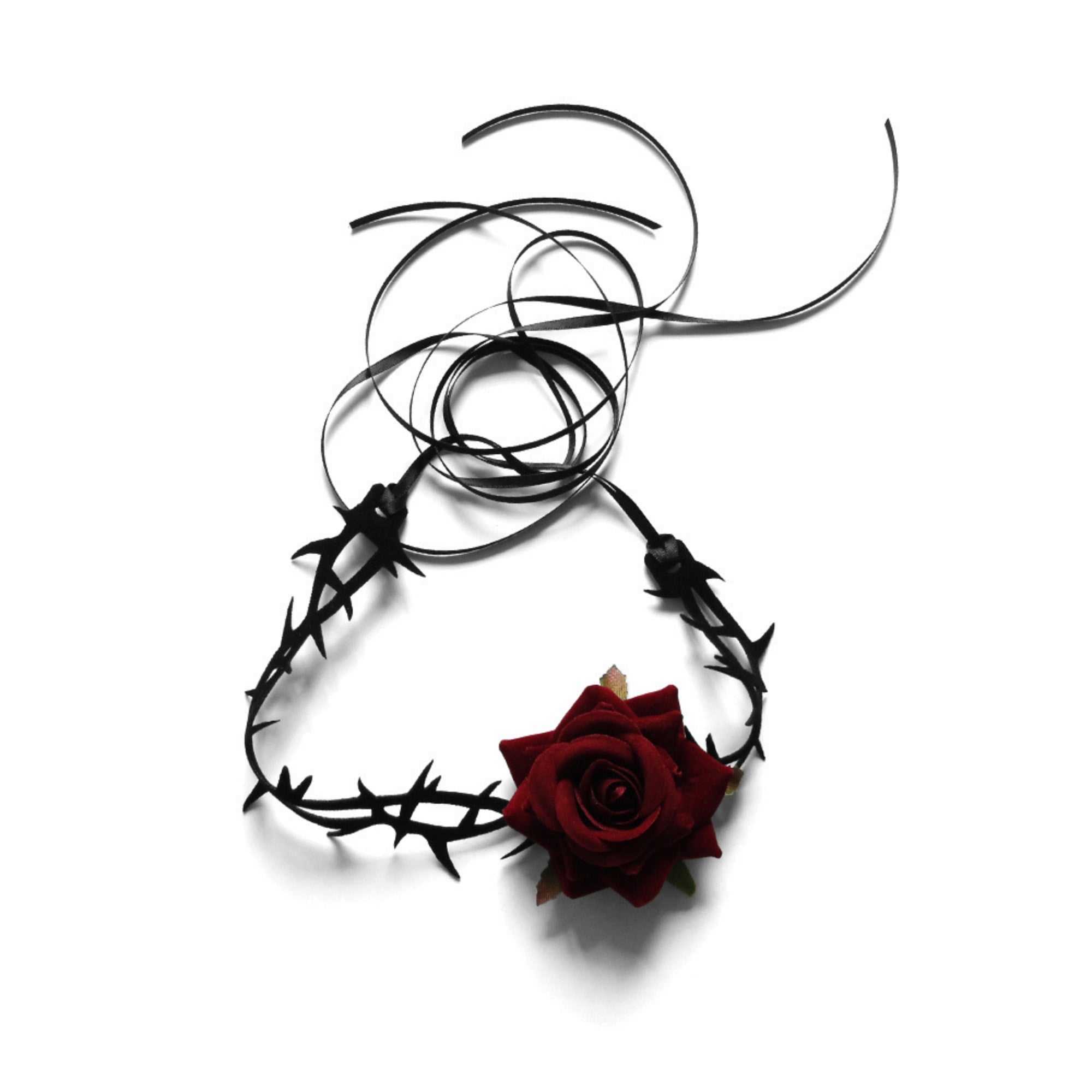 Halloween Gothic Black Thorn Vine Red Rose Choker Necklace | Barbed Wire Ribbon Tie Dark Romance Halloween Jewelry