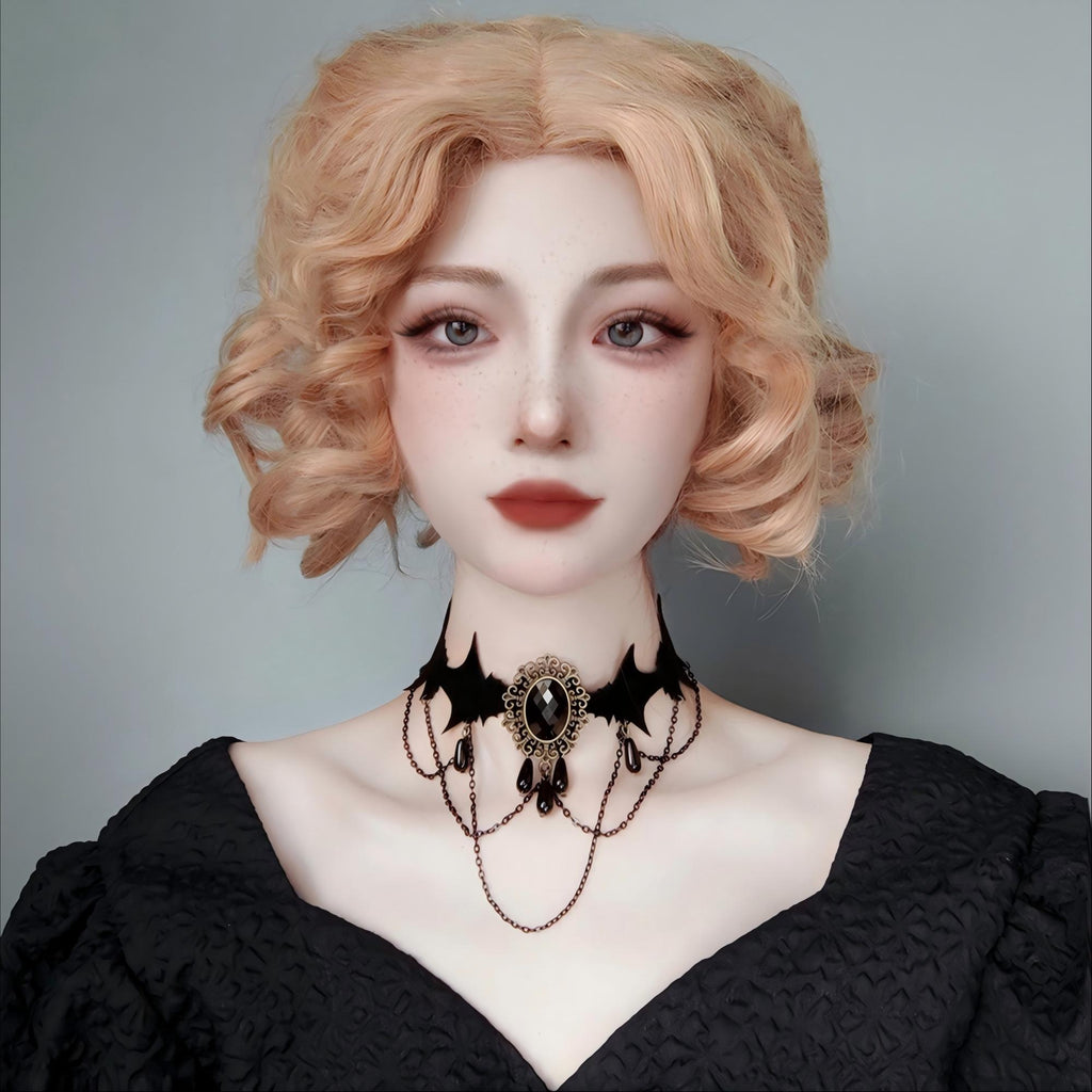 Halloween Gothic Multi-Bat Wing Choker Necklace | Antique Bronze Black Oval Gemstone Teardrop Drop Chain Drape Vampire Bride Dark Costume Jewelry