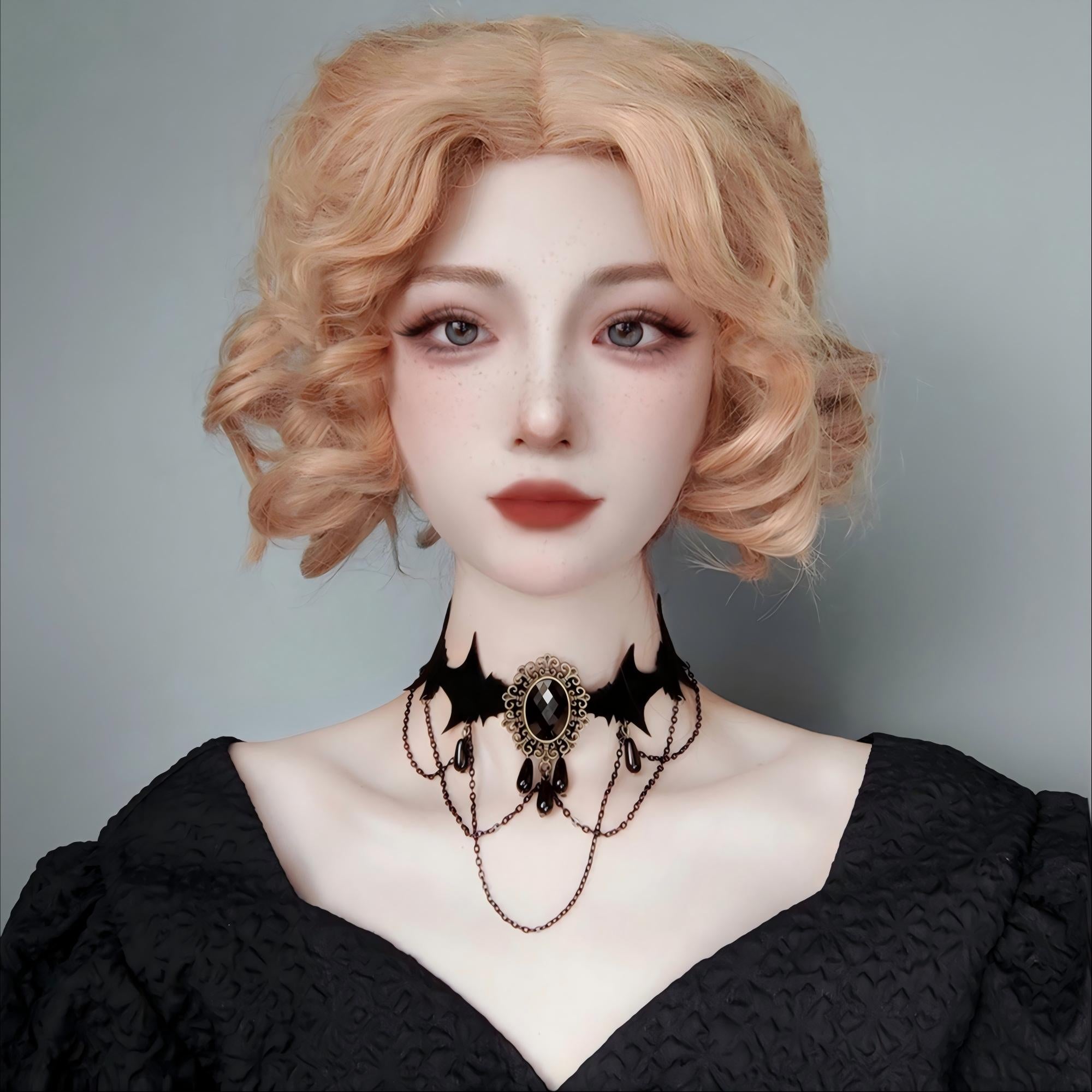 Halloween Gothic Multi-Bat Wing Choker Necklace | Antique Bronze Black Oval Gemstone Teardrop Drop Chain Drape Vampire Bride Dark Costume Jewelry