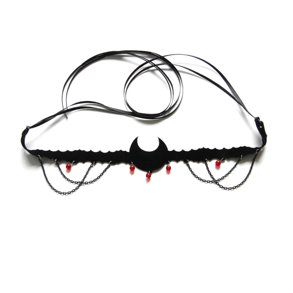 Halloween Black Velvet Bat Choker Necklace | Blood Red Bead Gunmetal Chain Drape Scallop Edge Cord Tie Vampire Dark Costume Jewelry