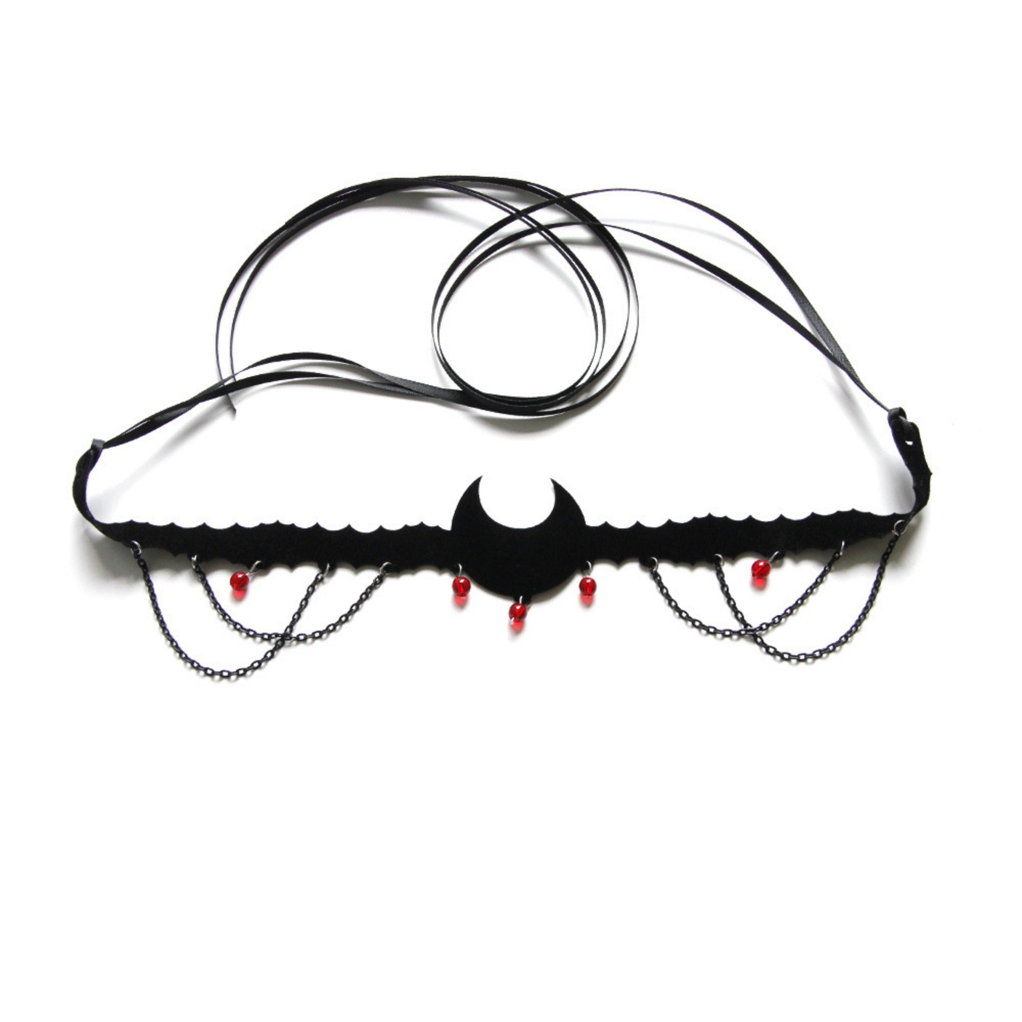 Halloween Black Velvet Bat Choker Necklace | Blood Red Bead Gunmetal Chain Drape Scallop Edge Cord Tie Vampire Dark Costume Jewelry