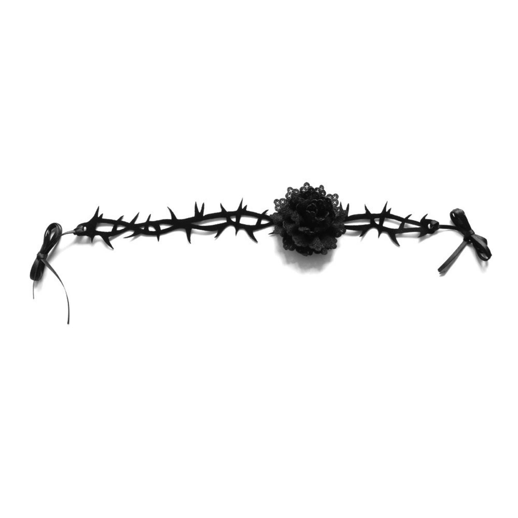 Halloween Black Thorn Vine Choker Necklace | Black Rose Lace Center Ultra Long Ribbon Tie Dark Romance Vampire Gothic Costume Jewelry