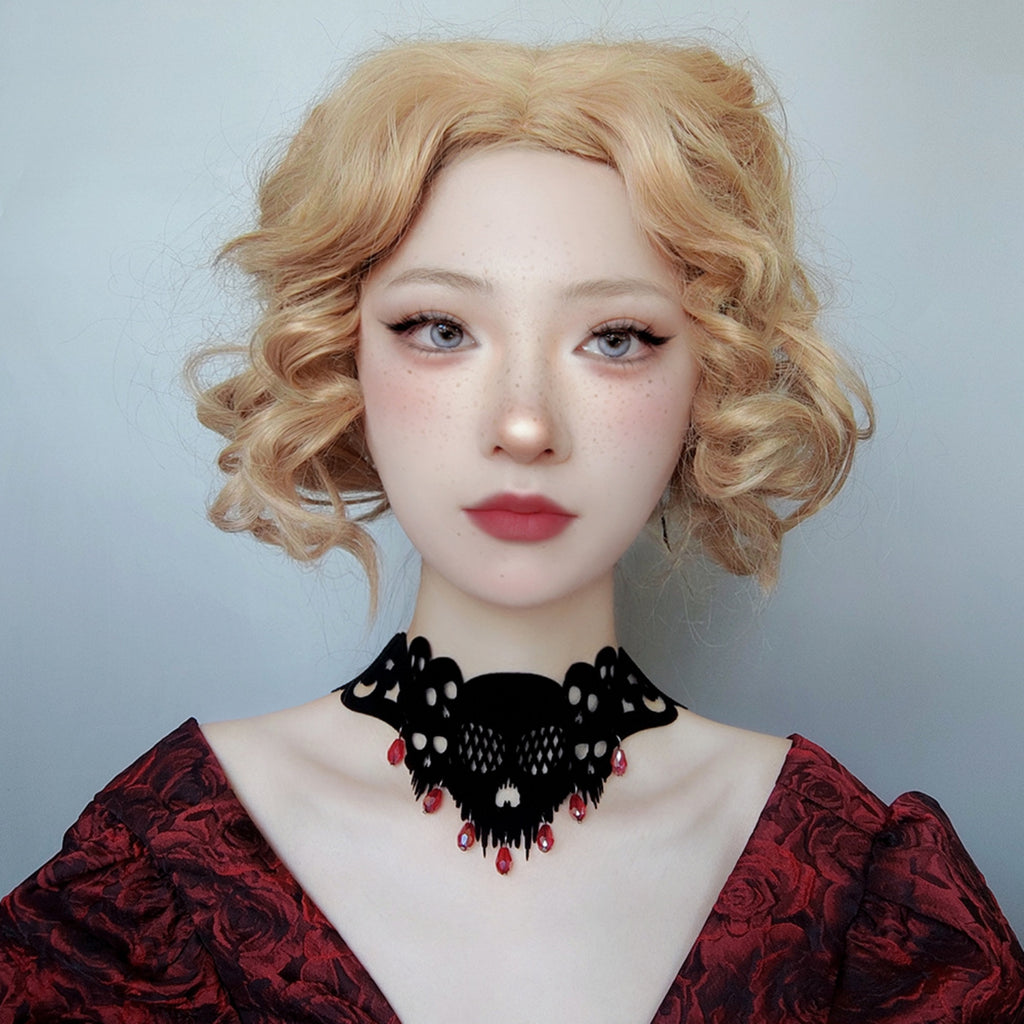 Halloween Gothic Black Skull Choker Necklace | Red Crystal Teardrop Drop Ribbon Tie Vampire Dark Jewelry