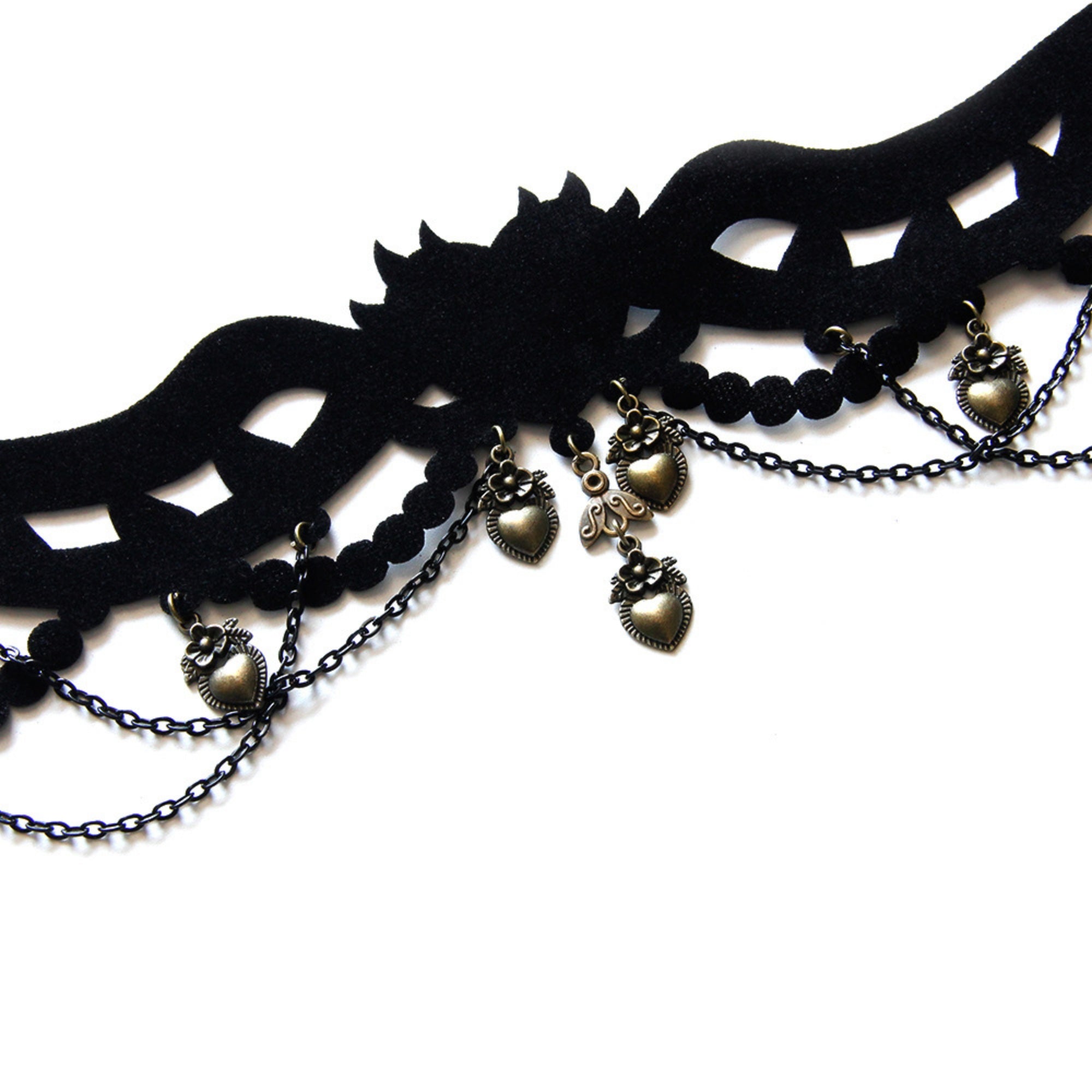 Halloween Gothic Black Velvet Crown Cutwork Choker Necklace | Antique Bronze Heart Rose Charm Chain Drape Ribbon Tie Dark Queen Costume Jewelry