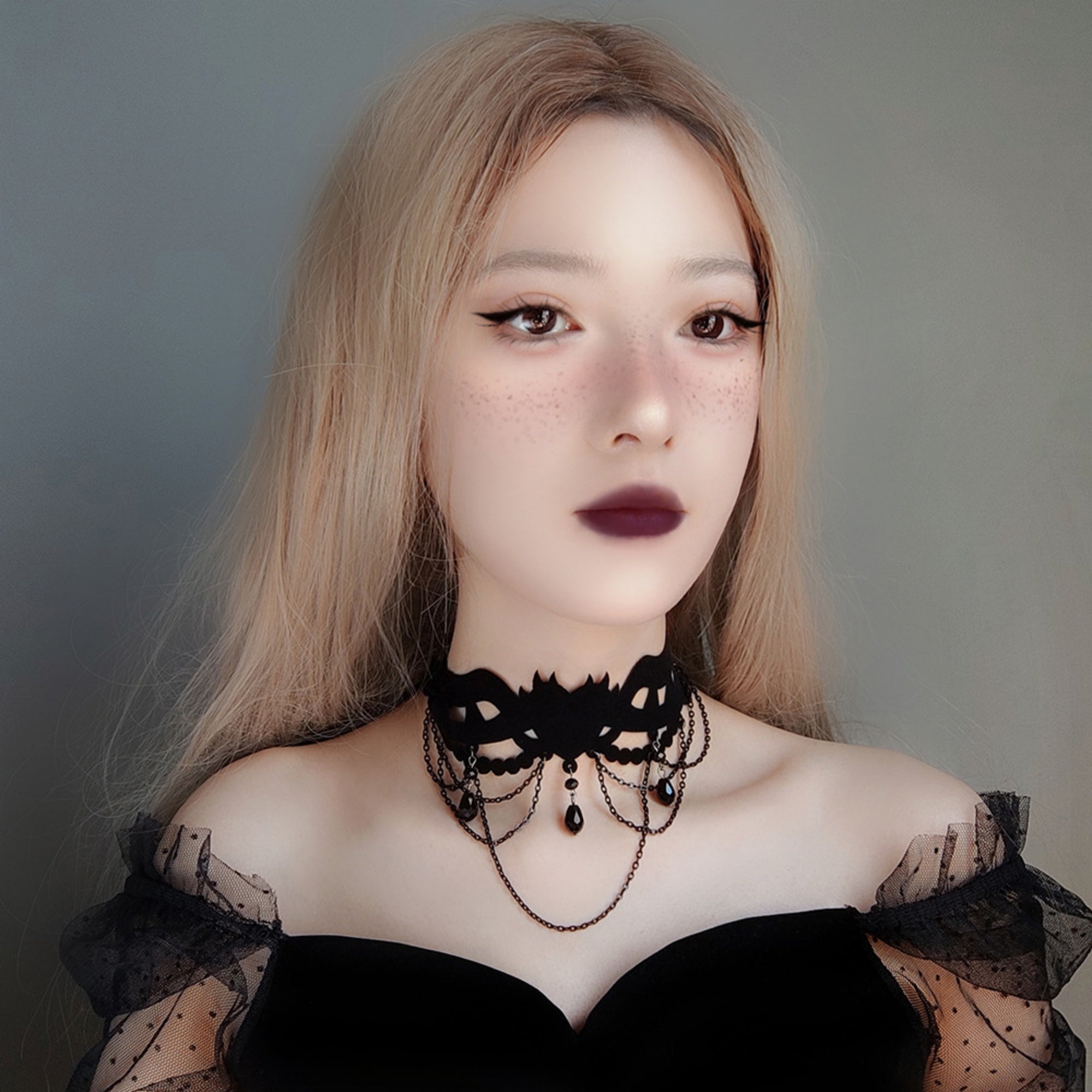 Halloween Gothic All-Black Velvet Crown Cutwork Choker Necklace | Black Chain Drape Bead Fringe Teardrop Pendant Cord Tie Dark Queen Costume Jewelry