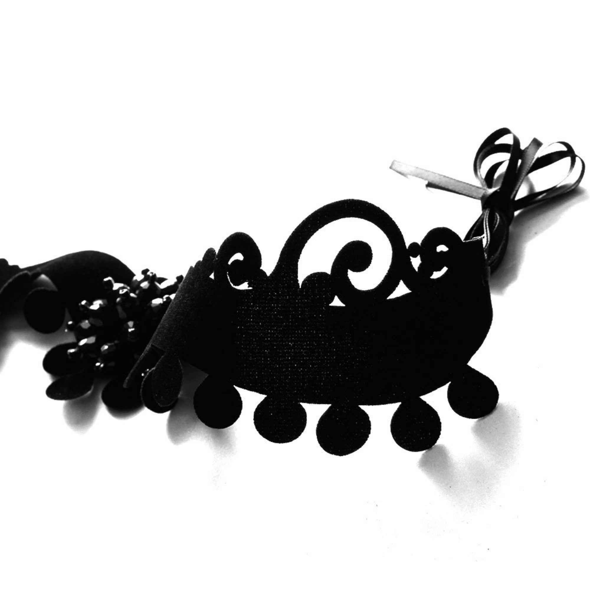Halloween Black Velvet Baroque Scroll Choker Necklace | Pompom Ball Fringe Rhinestone Center Ribbon Tie Dark Queen Costume Jewelry