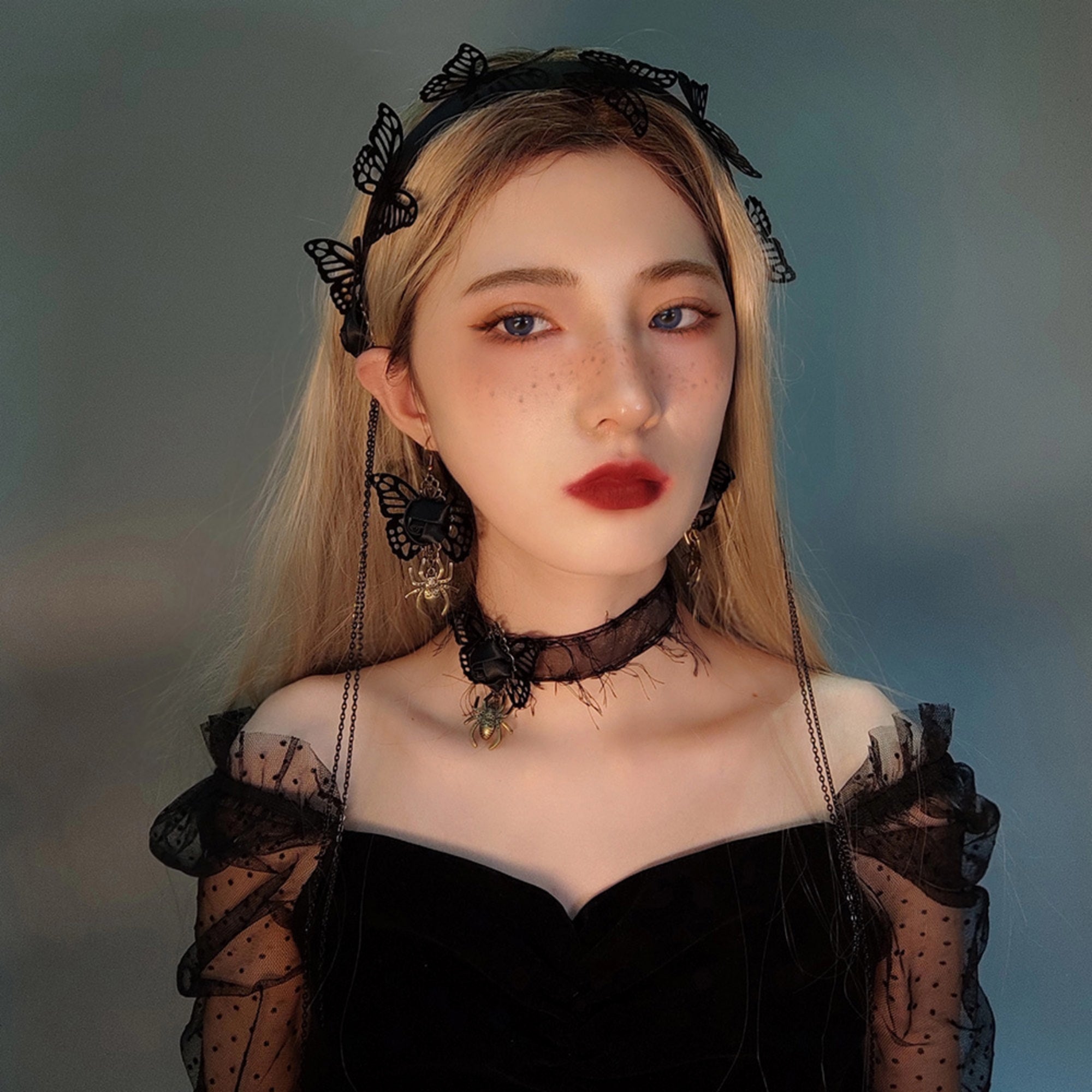 Halloween Black Lace Fringe Choker Necklace | Gold Spider Pendant Black Rose Antique Bronze Butterfly Center Halloween Witch Vampire Dark Costume Jewelry