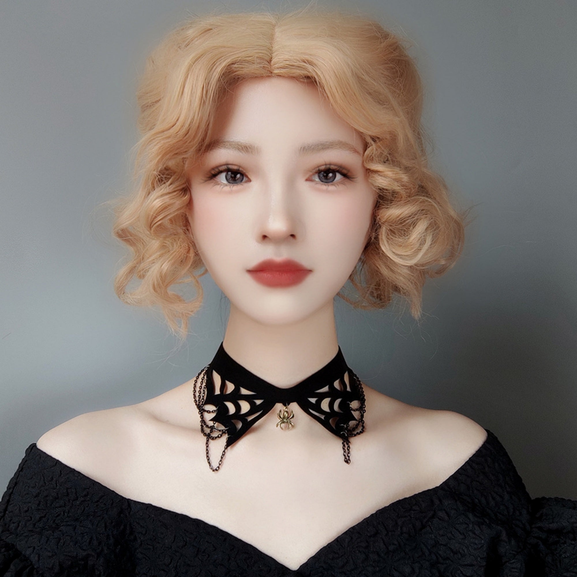 Halloween Gothic Black Spiderweb Collar Choker Necklace | Antique Bronze Spider Pendant Chain Drape Ribbon Tie Wide Dark Jewelry