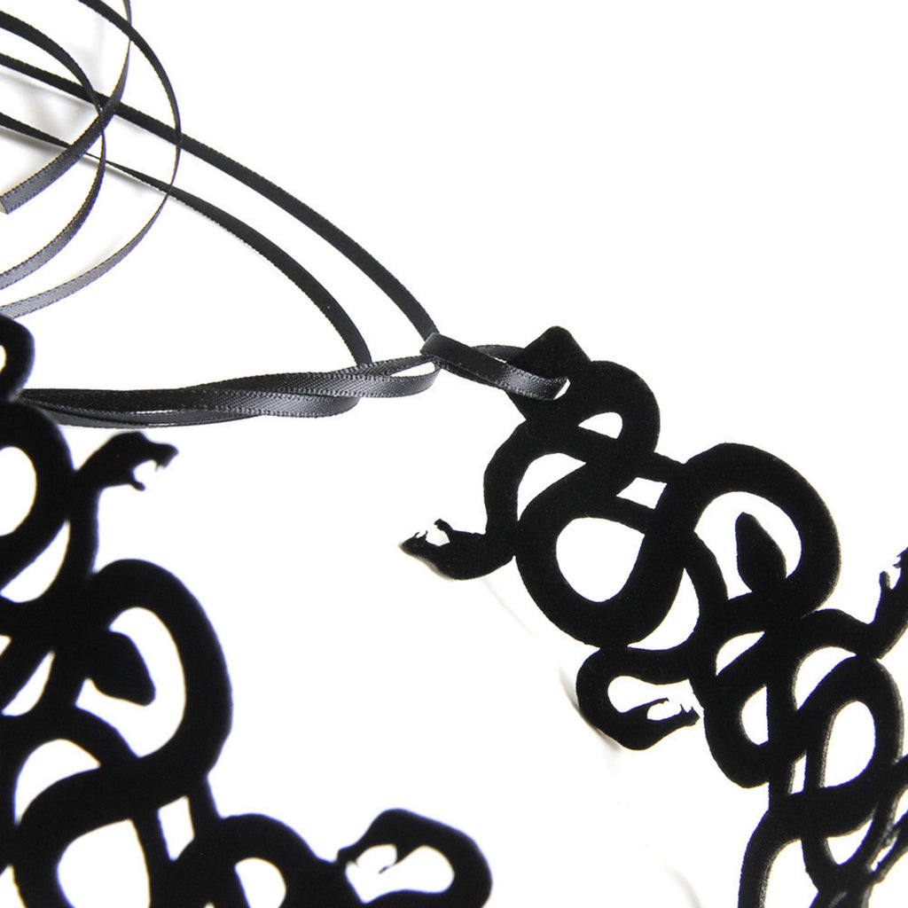 Halloween Black Coiled Snake Swarm Choker Necklace | Velvet Intertwined Serpent Cutwork Ribbon Tie Medusa Witch Dark Costume Jewelry