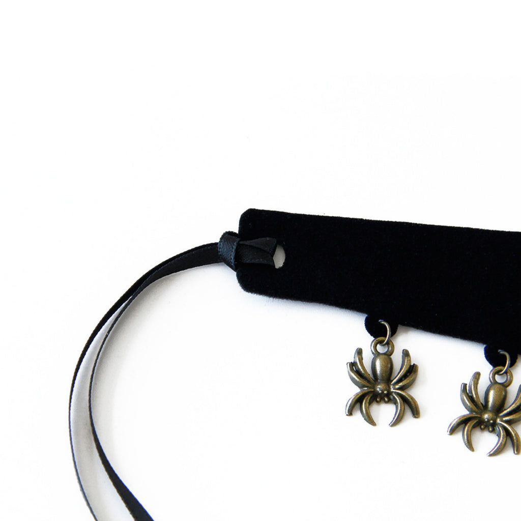Halloween Gothic Black Velvet Choker Necklace | Antique Bronze Spider Charm Drop Fringe Ribbon Bow Tie Dark Jewelry