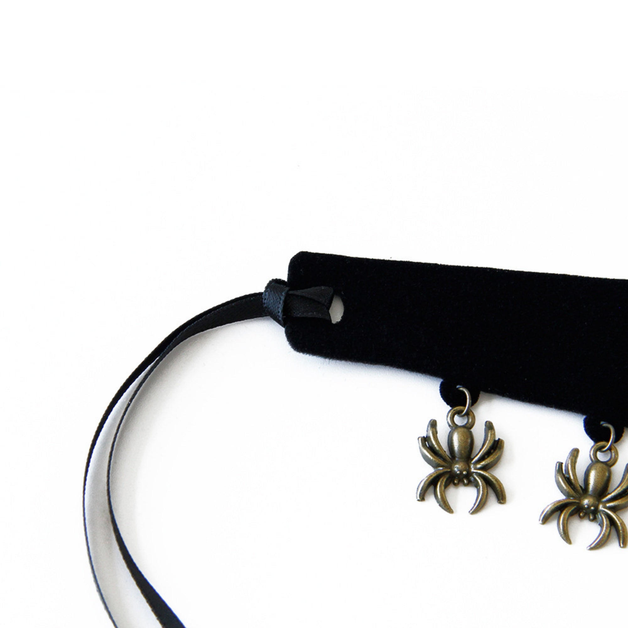 Halloween Gothic Black Velvet Choker Necklace | Antique Bronze Spider Charm Drop Fringe Ribbon Bow Tie Dark Jewelry