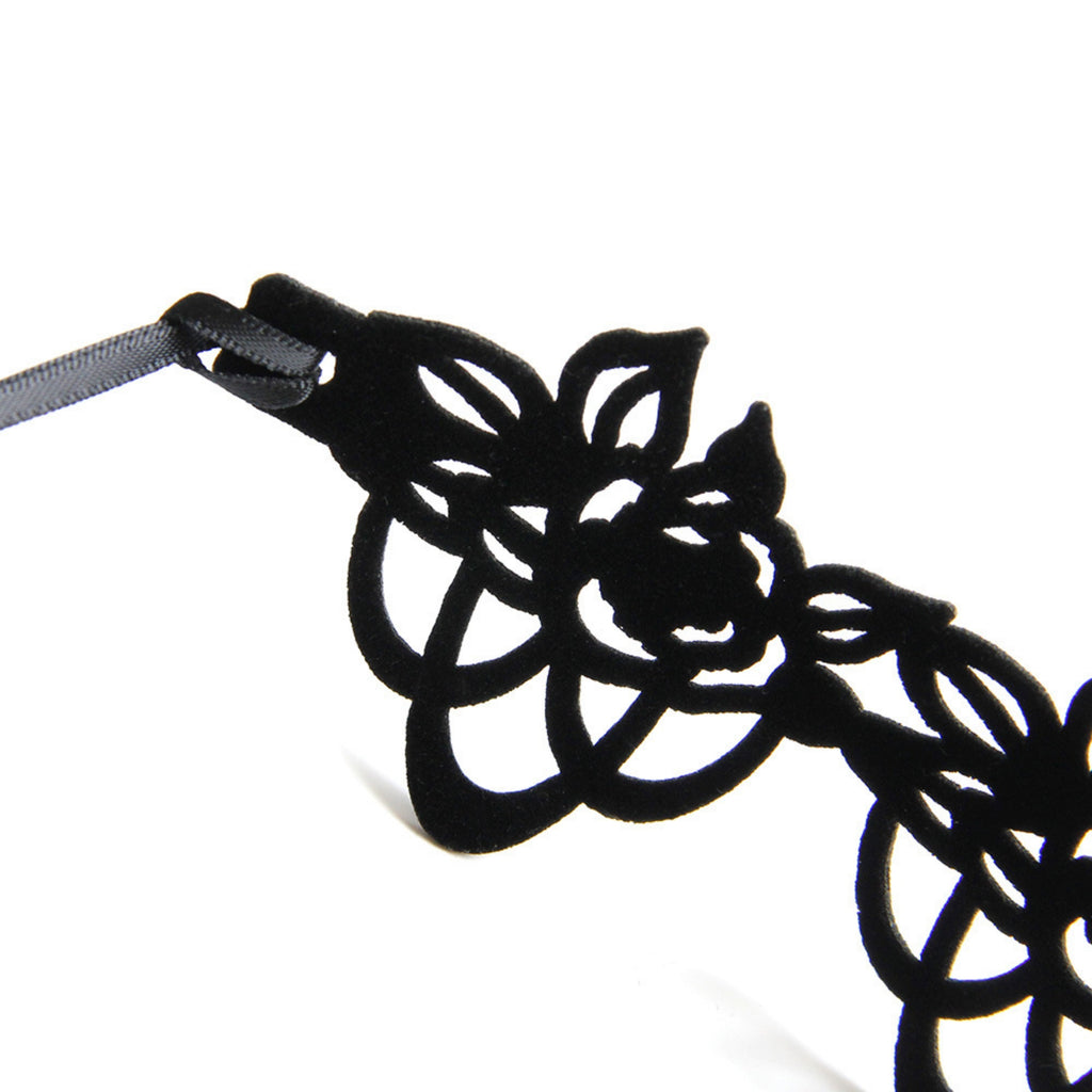 Black Velvet Floral Lattice Cutwork Choker Necklace | Geometric Lace Pattern Ribbon Tie Gothic Lolita Dark Aesthetic Halloween Jewelry