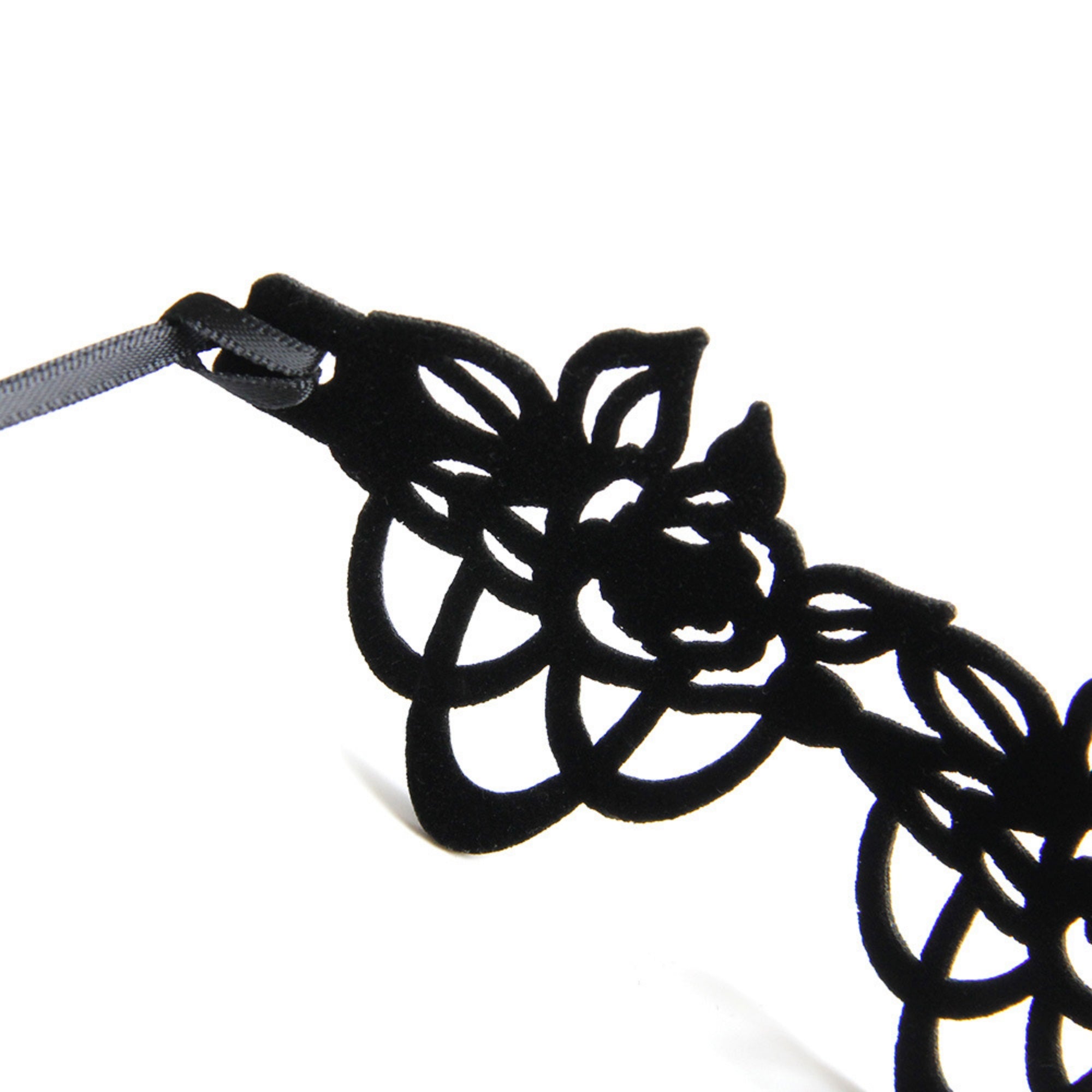 Black Velvet Floral Lattice Cutwork Choker Necklace | Geometric Lace Pattern Ribbon Tie Gothic Lolita Dark Aesthetic Halloween Jewelry