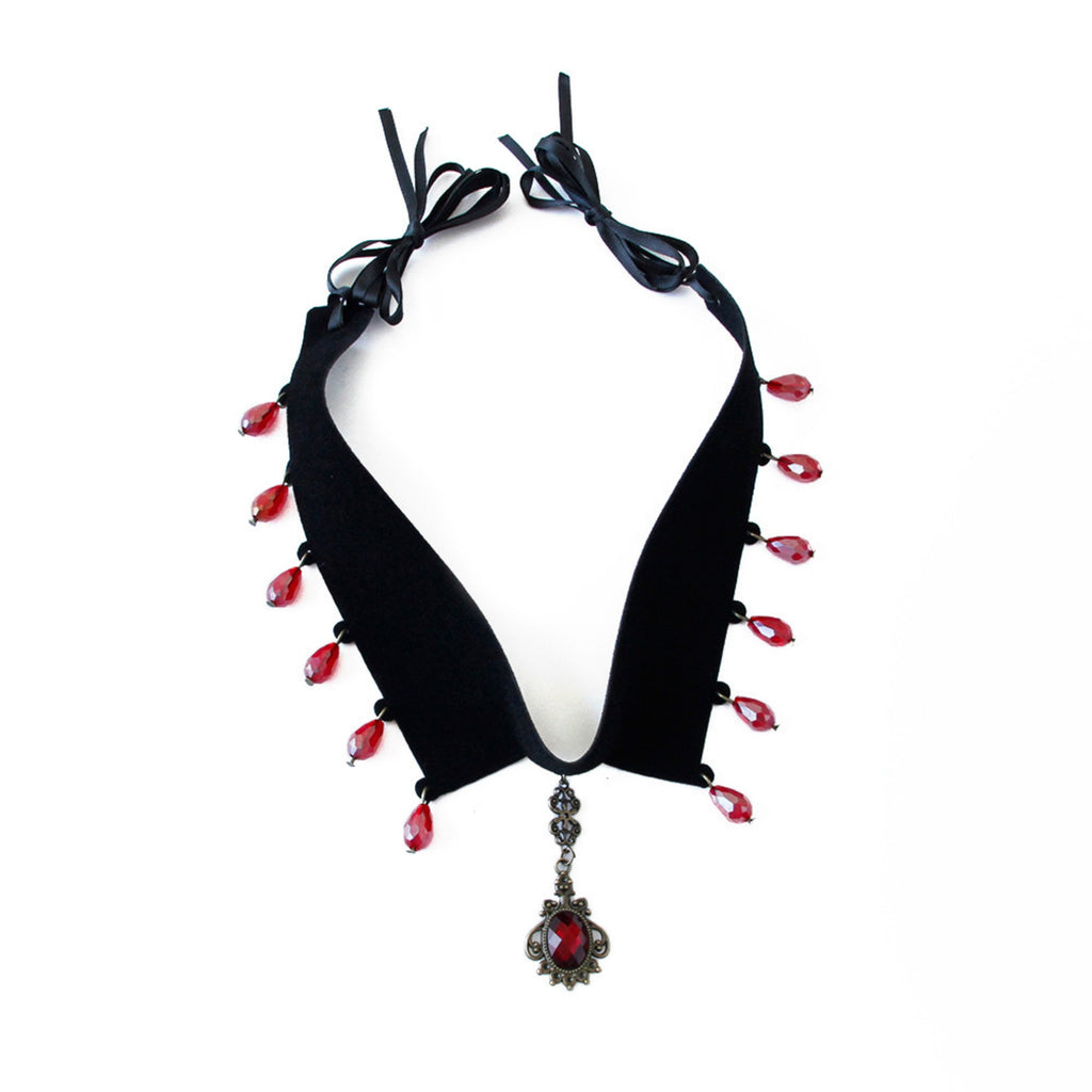 Gothic Vampire Black Velvet V-Collar Choker Necklace | Full Red Crystal Teardrop Fringe Antique Cameo Pendant Ribbon Tie Dark Jewelry