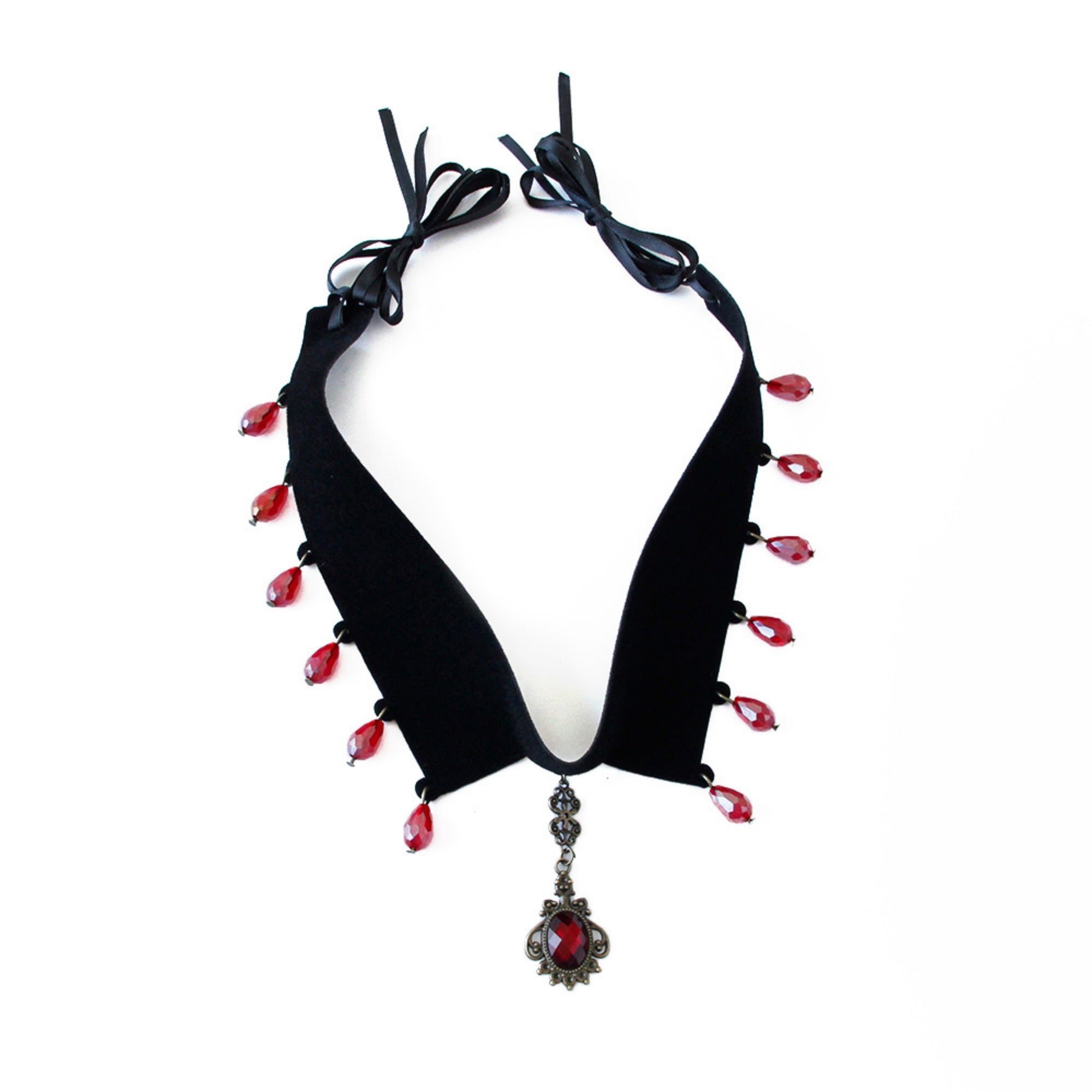 Gothic Vampire Black Velvet V-Collar Choker Necklace | Full Red Crystal Teardrop Fringe Antique Cameo Pendant Ribbon Tie Dark Jewelry