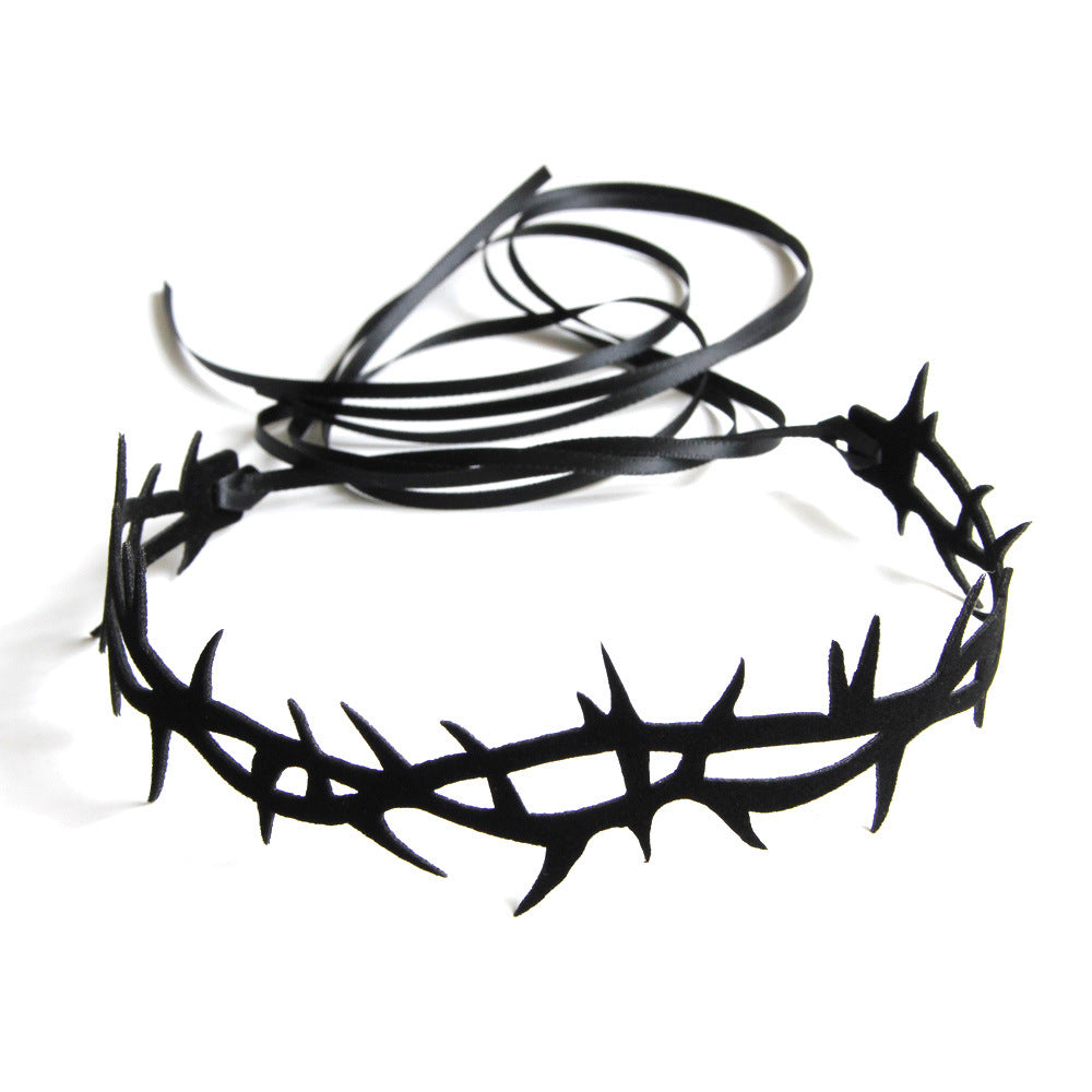 Halloween Gothic Black Thorn Crown Choker Necklace | Vampire Barbed Wire Ribbon Tie Dark Aesthetic Halloween Jewelry