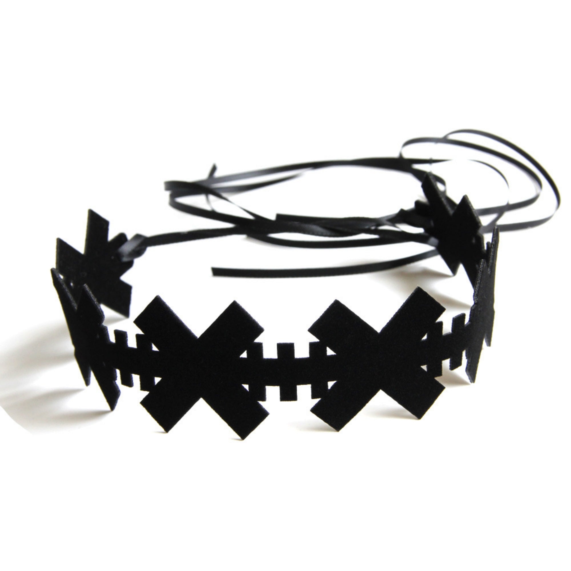 Black Gothic Cross Chain Choker Necklace | Pixel Edge Linked Cross Silhouette Ribbon Tie Dark Aesthetic Minimalist Halloween Jewelry