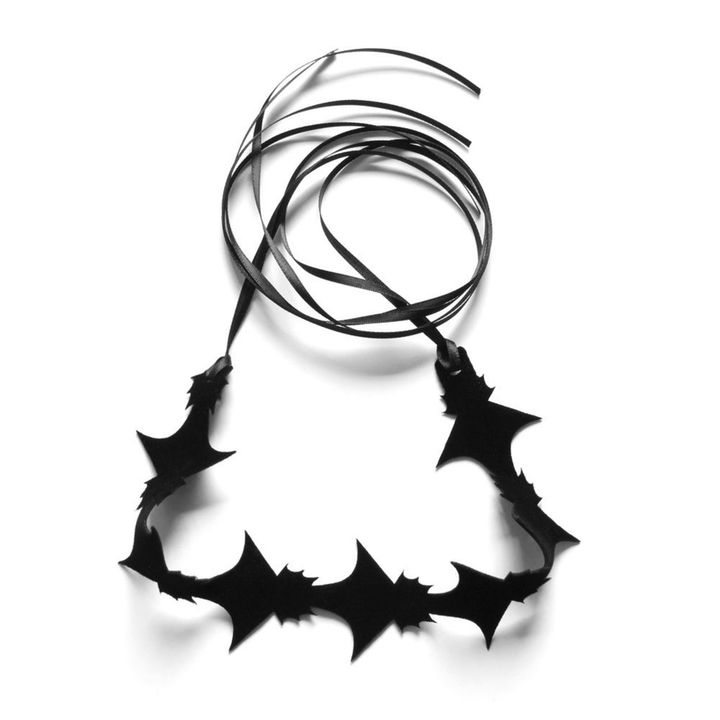 Halloween Black Large Bat Silhouette Choker Necklace | Oversized Jagged Wing Swarm Ultra Long Ribbon Tie Vampire Gothic Dark Costume Jewelry
