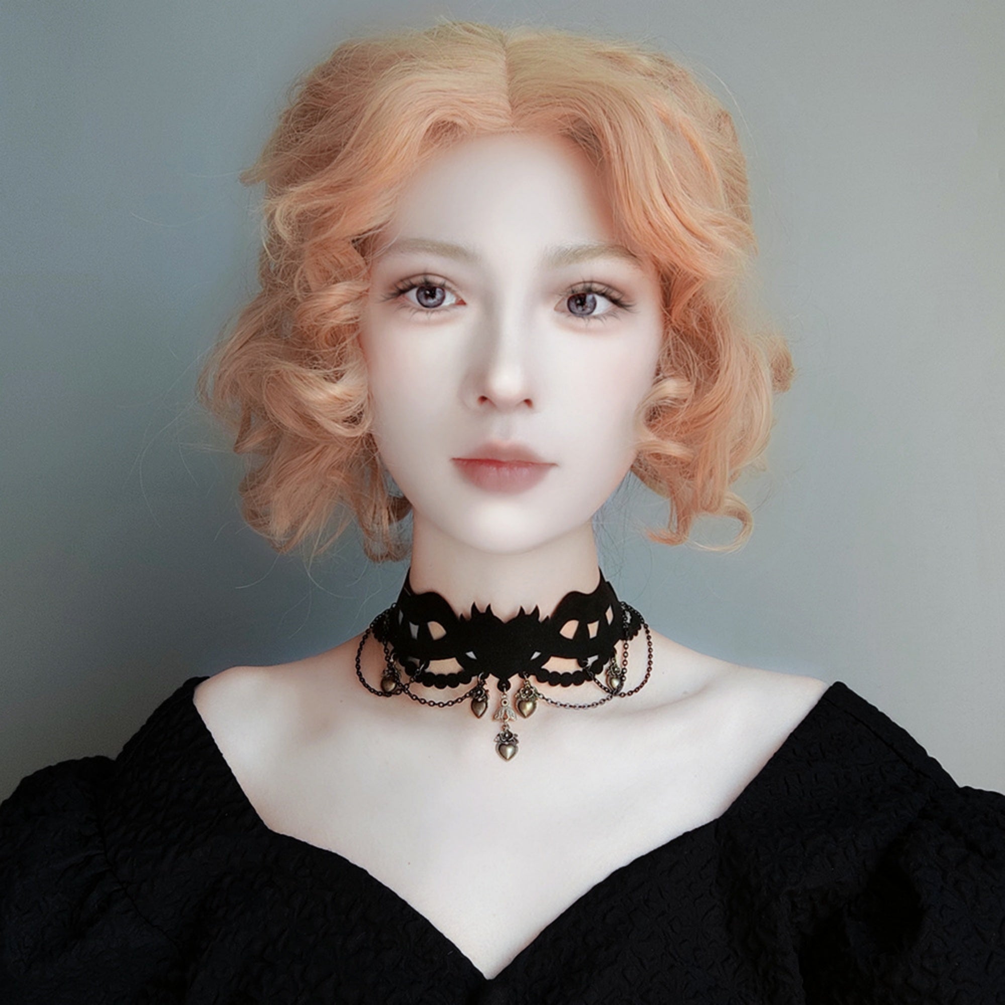 Halloween Gothic Black Velvet Crown Cutwork Choker Necklace | Antique Bronze Heart Rose Charm Chain Drape Ribbon Tie Dark Queen Costume Jewelry