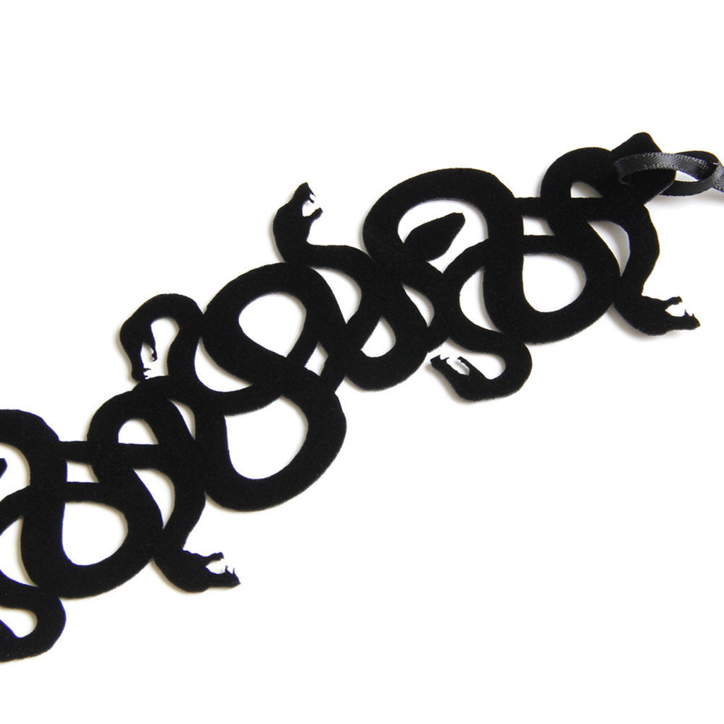 Halloween Black Coiled Snake Swarm Choker Necklace | Velvet Intertwined Serpent Cutwork Ribbon Tie Medusa Witch Dark Costume Jewelry