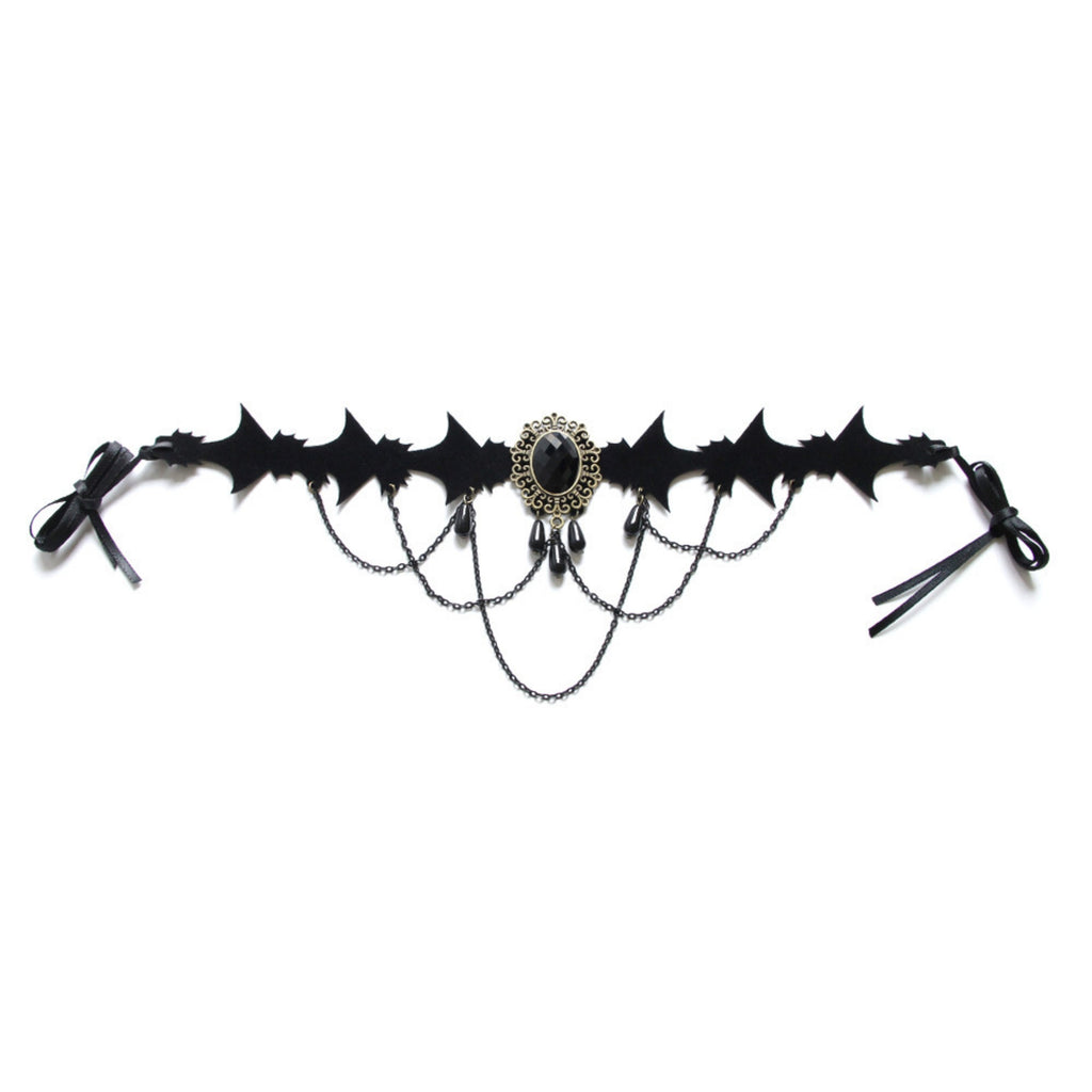 Halloween Gothic Multi-Bat Wing Choker Necklace | Antique Bronze Black Oval Gemstone Teardrop Drop Chain Drape Vampire Bride Dark Costume Jewelry