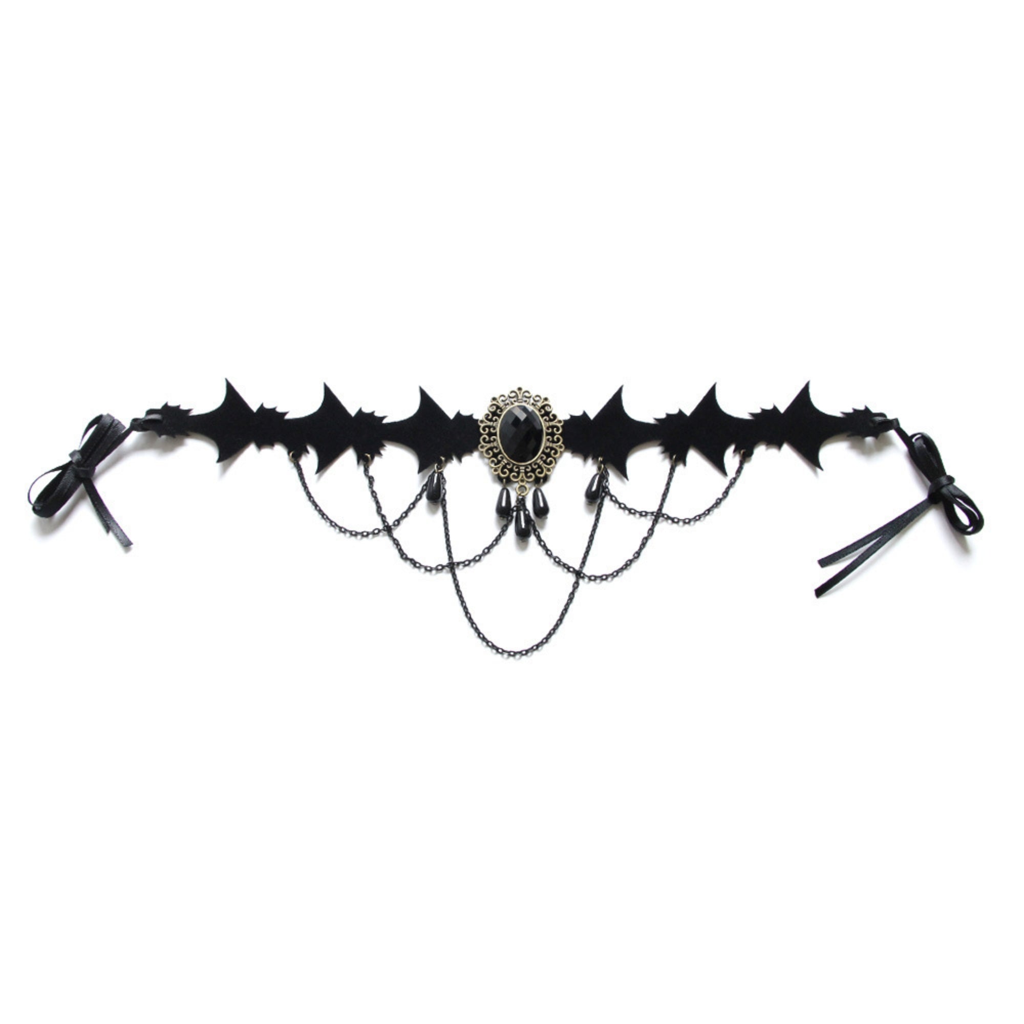 Halloween Gothic Multi-Bat Wing Choker Necklace | Antique Bronze Black Oval Gemstone Teardrop Drop Chain Drape Vampire Bride Dark Costume Jewelry
