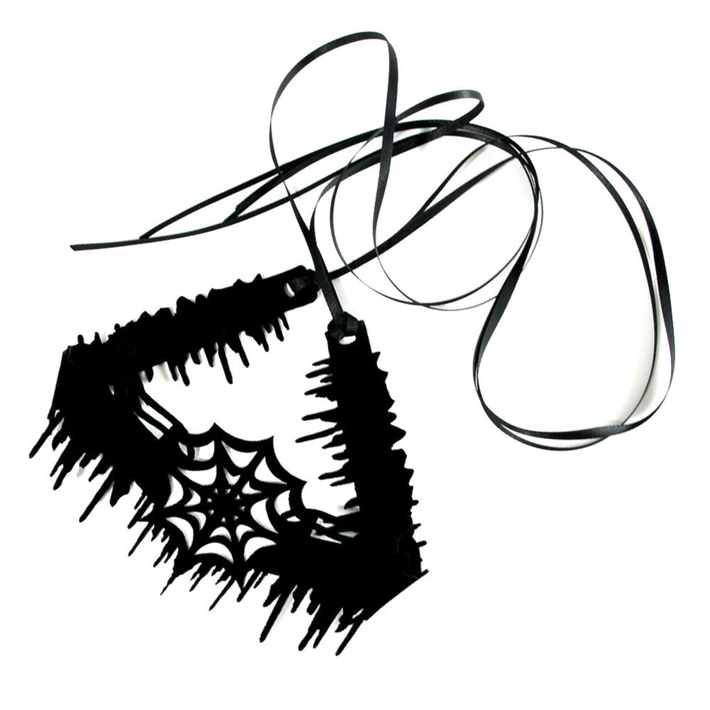 Halloween Gothic Black Spiderweb Choker Necklace | Wide Cutwork Spike Edge Ribbon Tie Witch Dark Jewelry