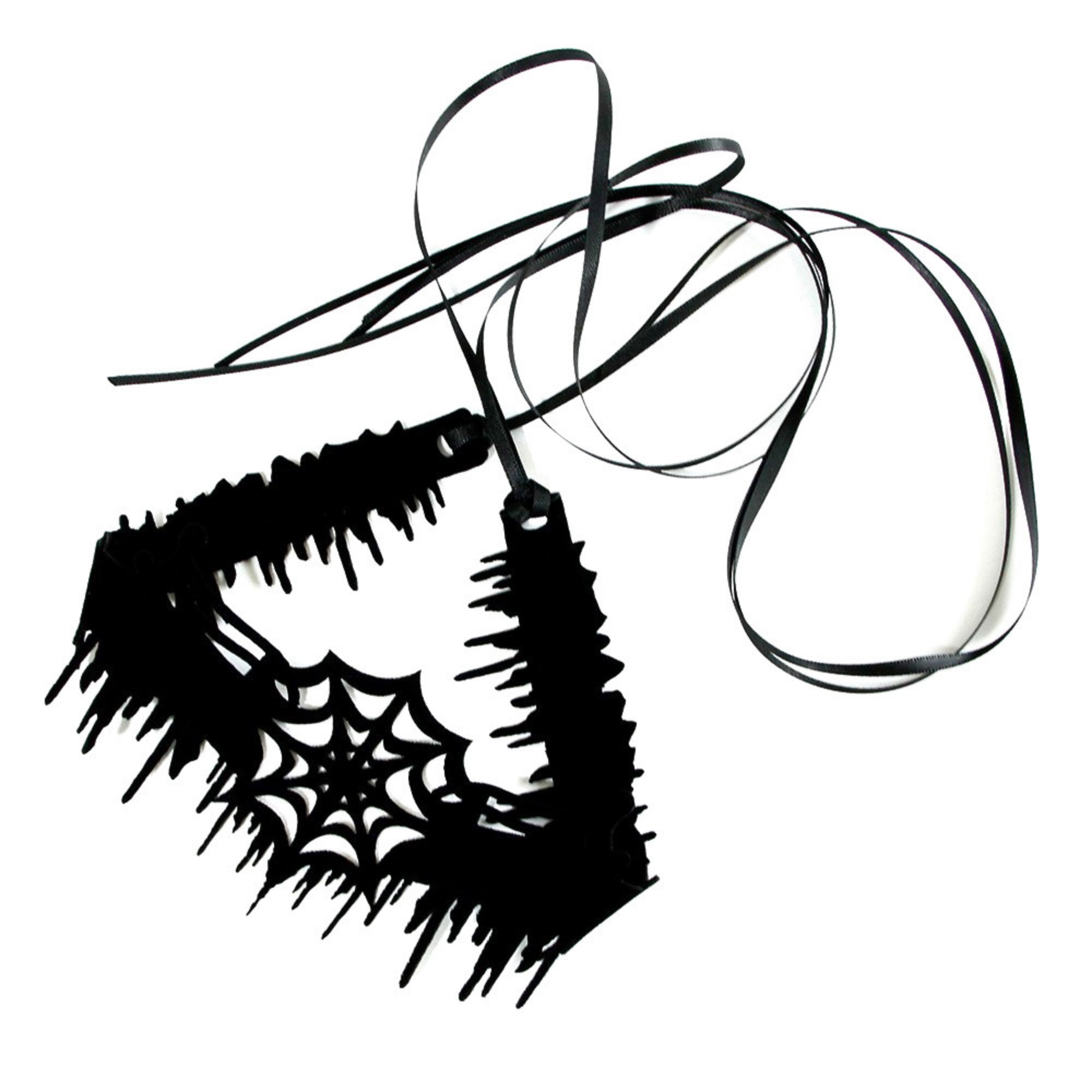 Halloween Gothic Black Spiderweb Choker Necklace | Wide Cutwork Spike Edge Ribbon Tie Witch Dark Jewelry