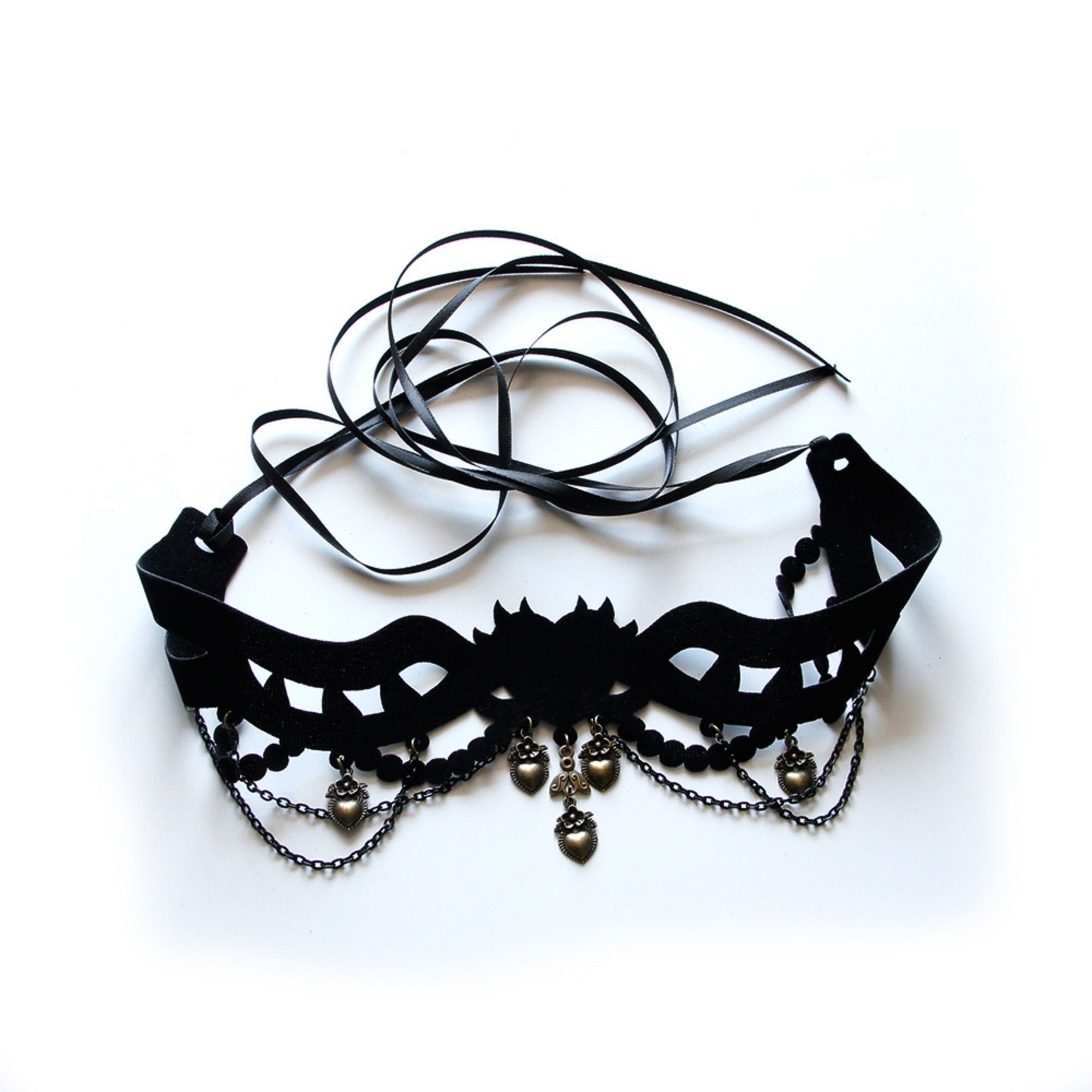 Halloween Gothic Black Velvet Crown Cutwork Choker Necklace | Antique Bronze Heart Rose Charm Chain Drape Ribbon Tie Dark Queen Costume Jewelry
