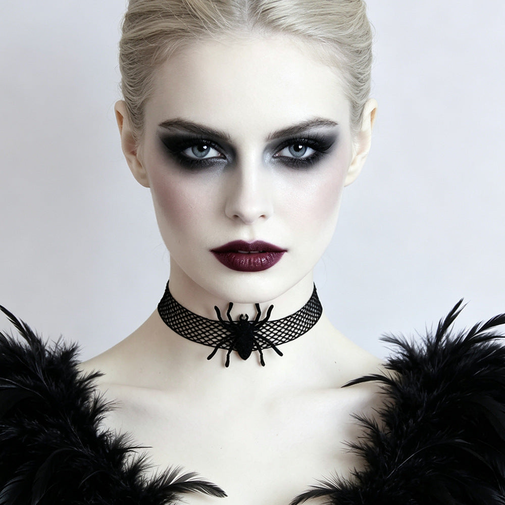 Halloween Gothic Black Lace Mesh Spider Choker Necklace | Vampire Wide Choker 3D Spider Dark Aesthetic Halloween Jewelry
