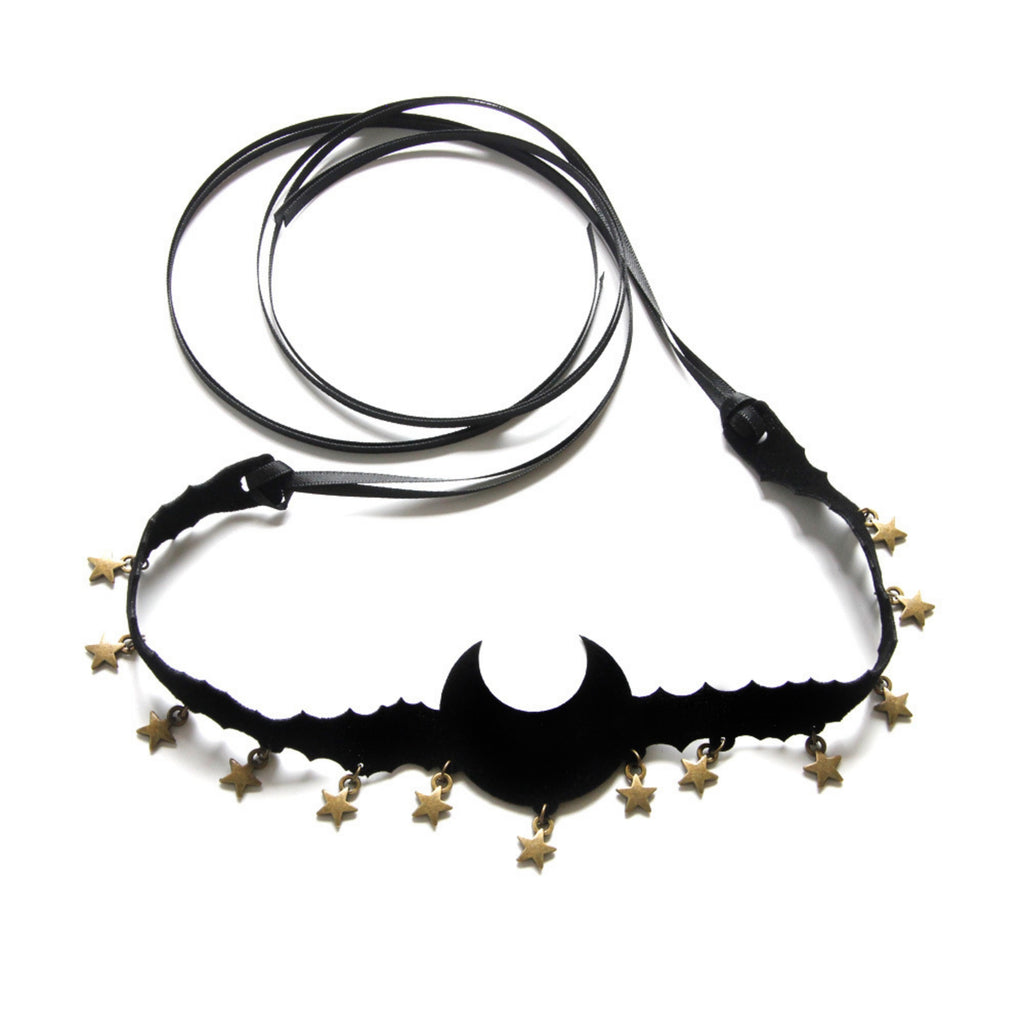 Halloween Black Bat Silhouette Choker Necklace | Antique Gold Star Charm Fringe Scallop Edge Ribbon Tie Vampire Witch Dark Costume Jewelry