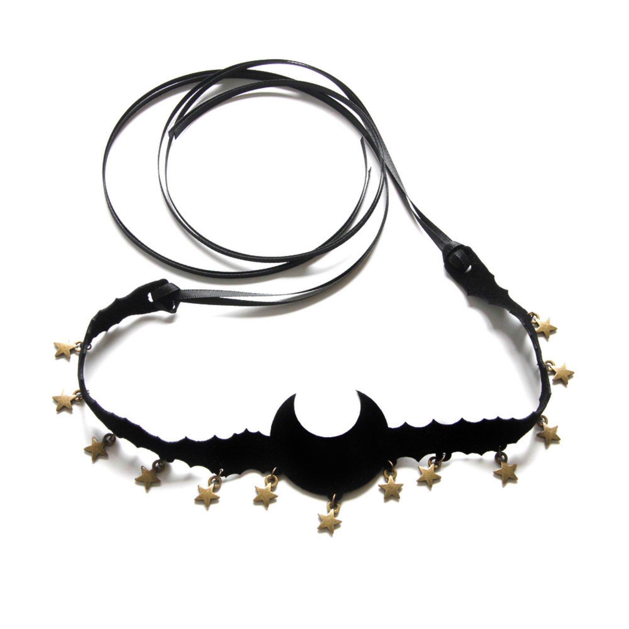 Halloween Black Bat Silhouette Choker Necklace | Antique Gold Star Charm Fringe Scallop Edge Ribbon Tie Vampire Witch Dark Costume Jewelry