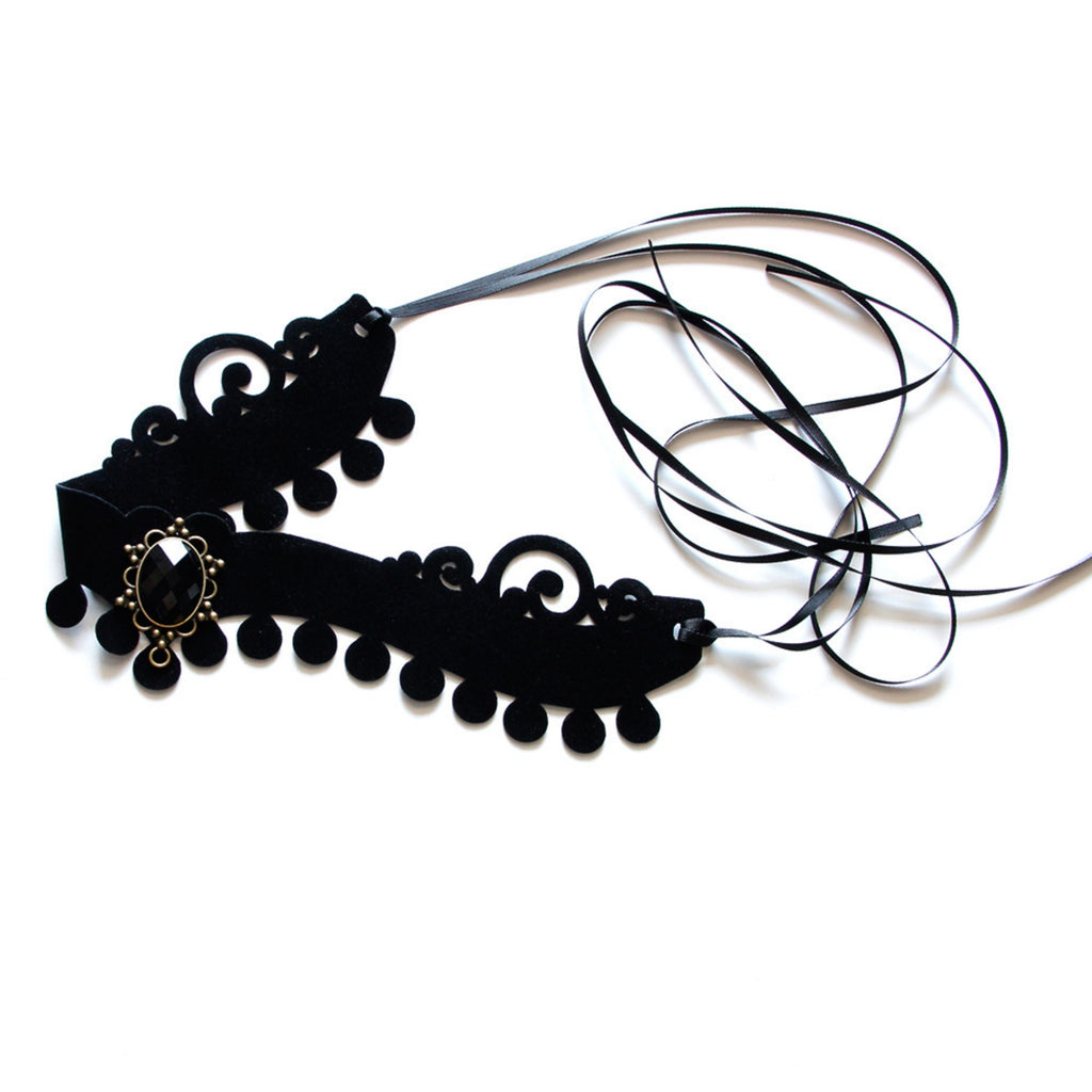 Halloween Black Velvet Baroque Choker Necklace | Pompom Ball Fringe Antique Bronze Black Oval Gemstone Pendant Long Ribbon Tie Dark Costume Jewelry