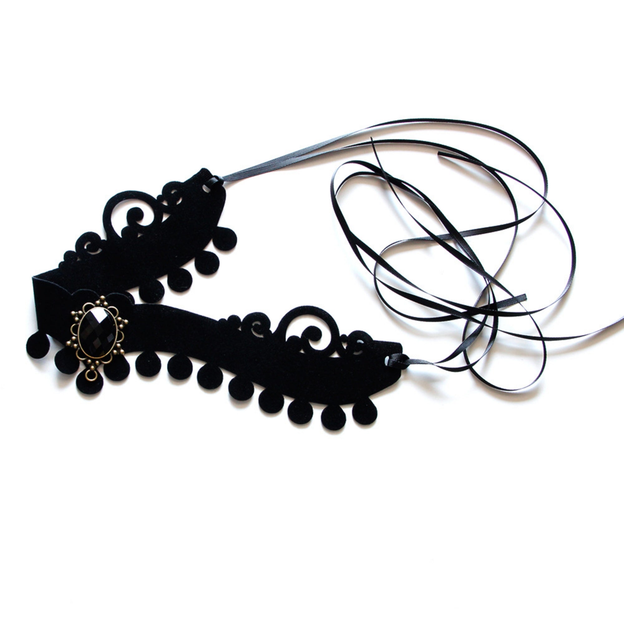 Halloween Black Velvet Baroque Choker Necklace | Pompom Ball Fringe Antique Bronze Black Oval Gemstone Pendant Long Ribbon Tie Dark Costume Jewelry