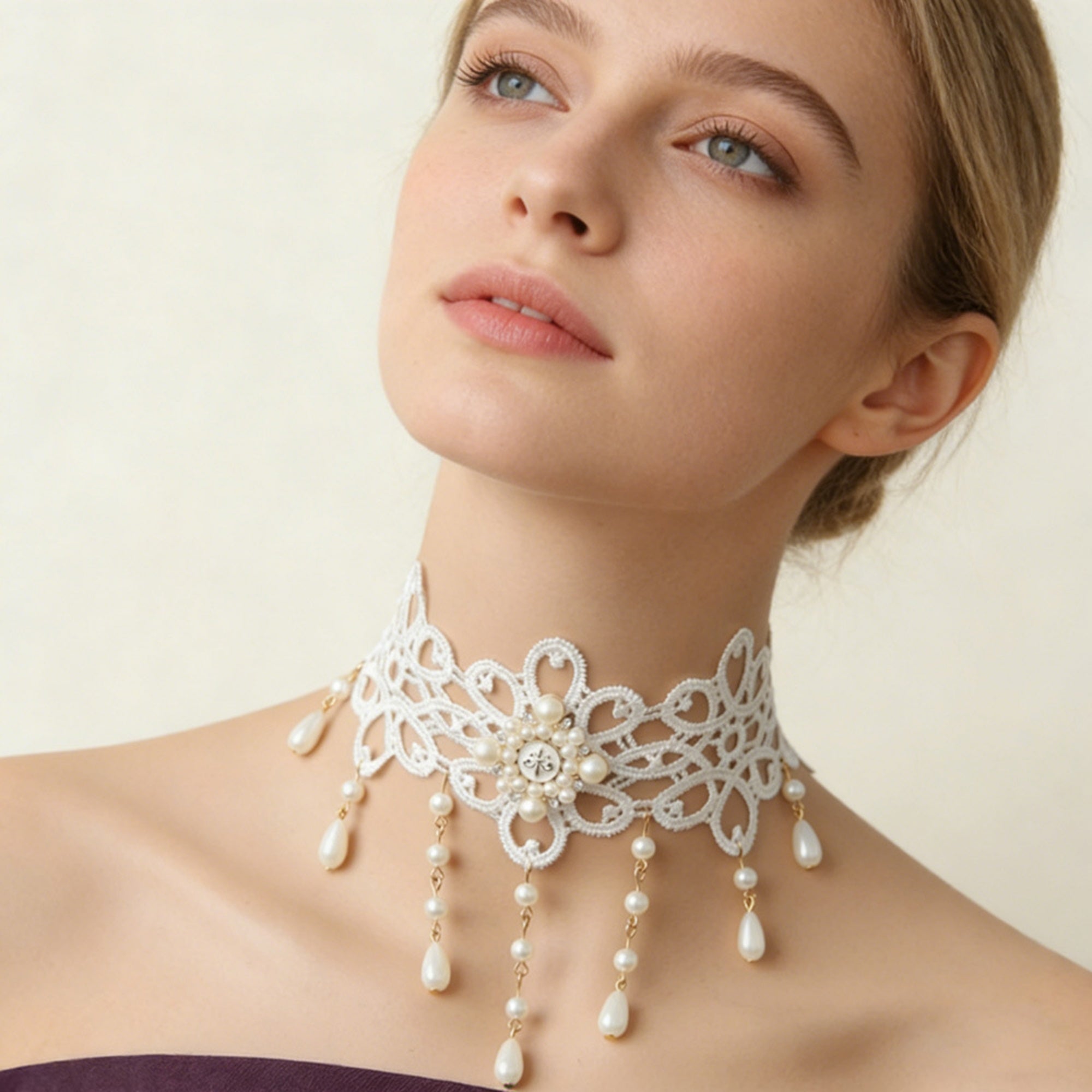 Halloween White Lace Choker Necklace | Pearl Drop Fringe Gold Chain Rhinestone Center Ghost Bride Bridal Costume Jewelry